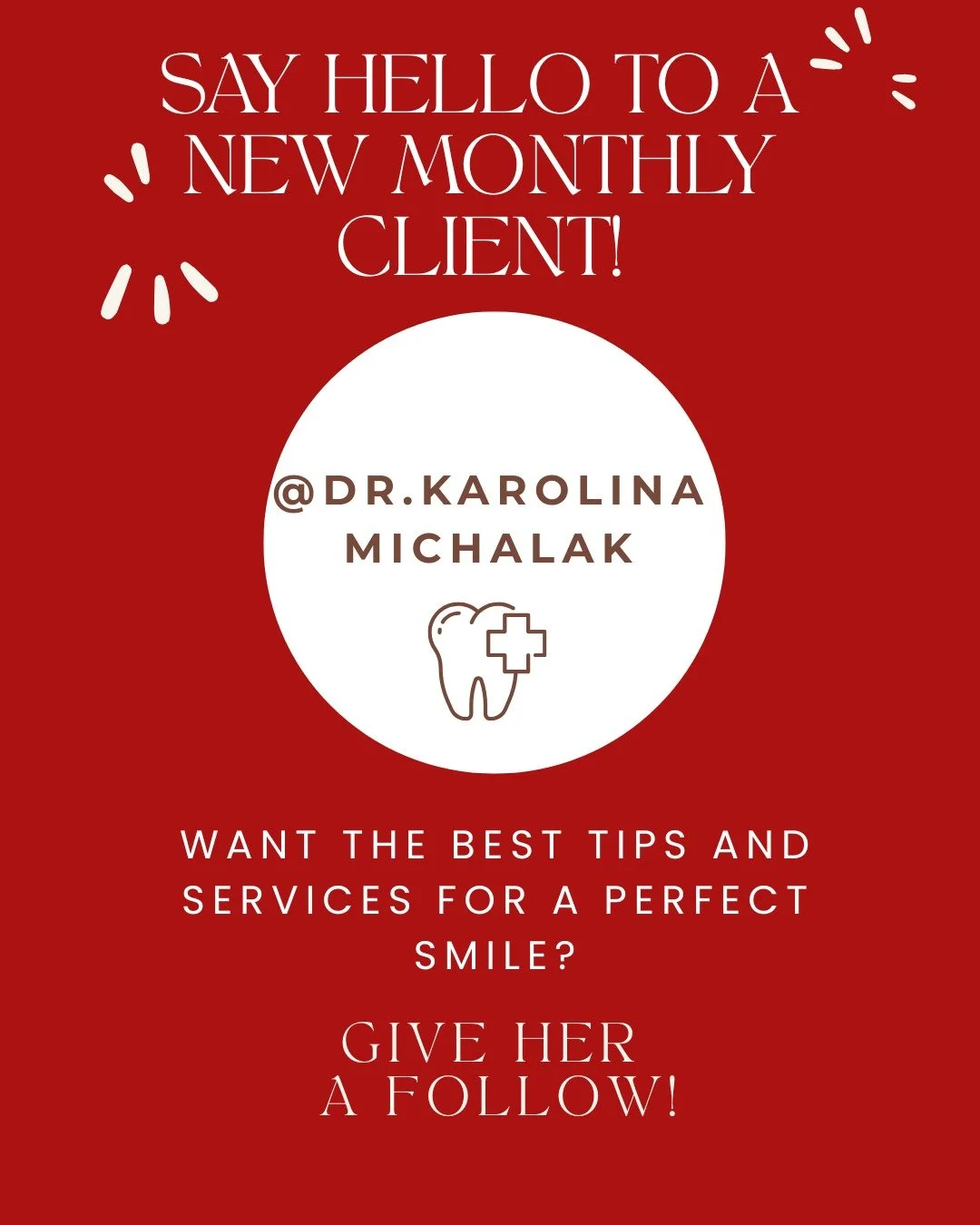 🦷 NEW CLIENT ANNOUNCEMENT

I'm so excited to officially welcome Dr Karolina Michalak to my growing portfolio of monthly marketing clients! ✨

Over the coming months, I'll be supporting Dr Karolina with her social media marketing, helping to showcase