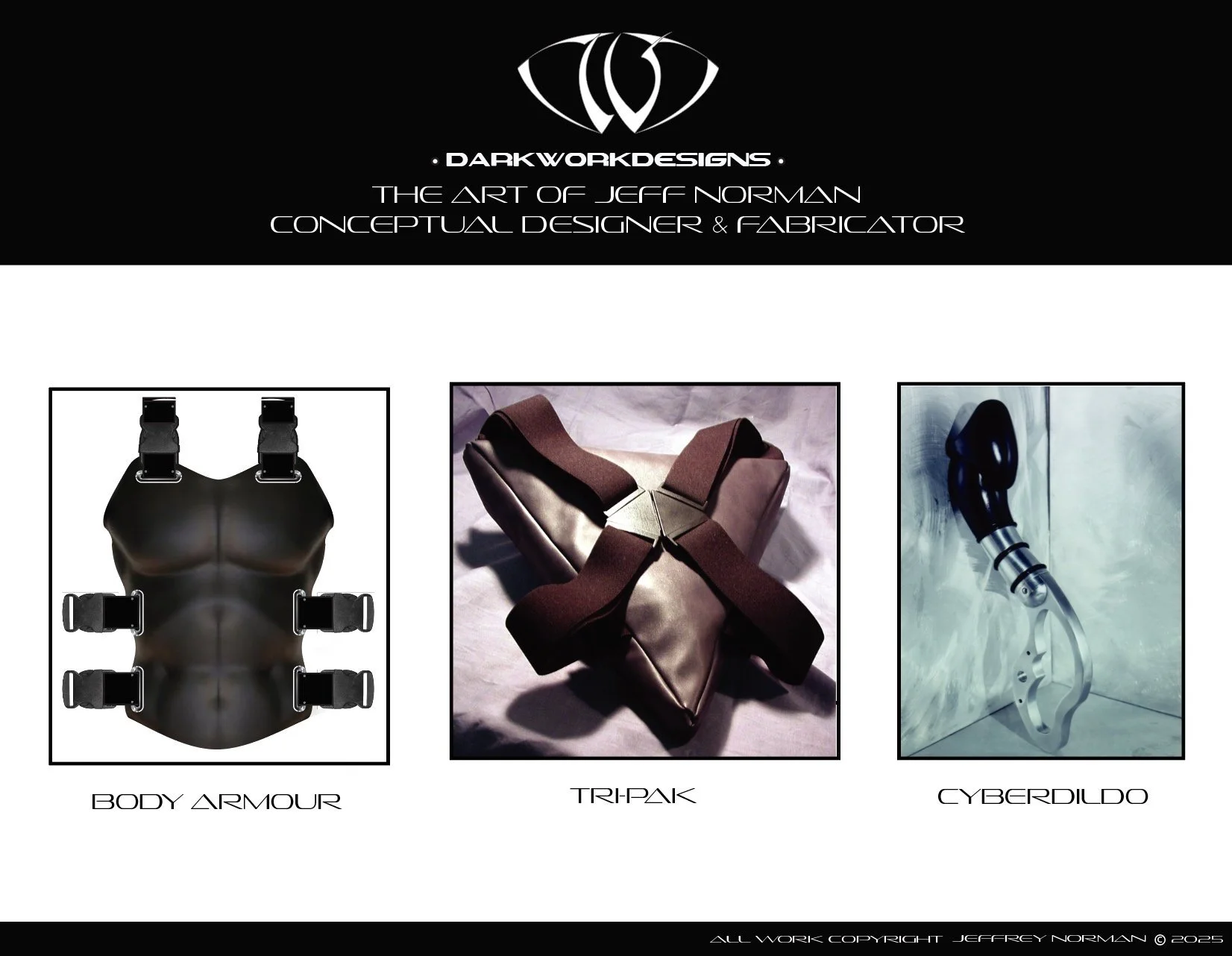 Graphic design portfolio cover featuring black background with a stylized logo, text details, and three separate product images: body armor, a tripak, and a cyberdildo.