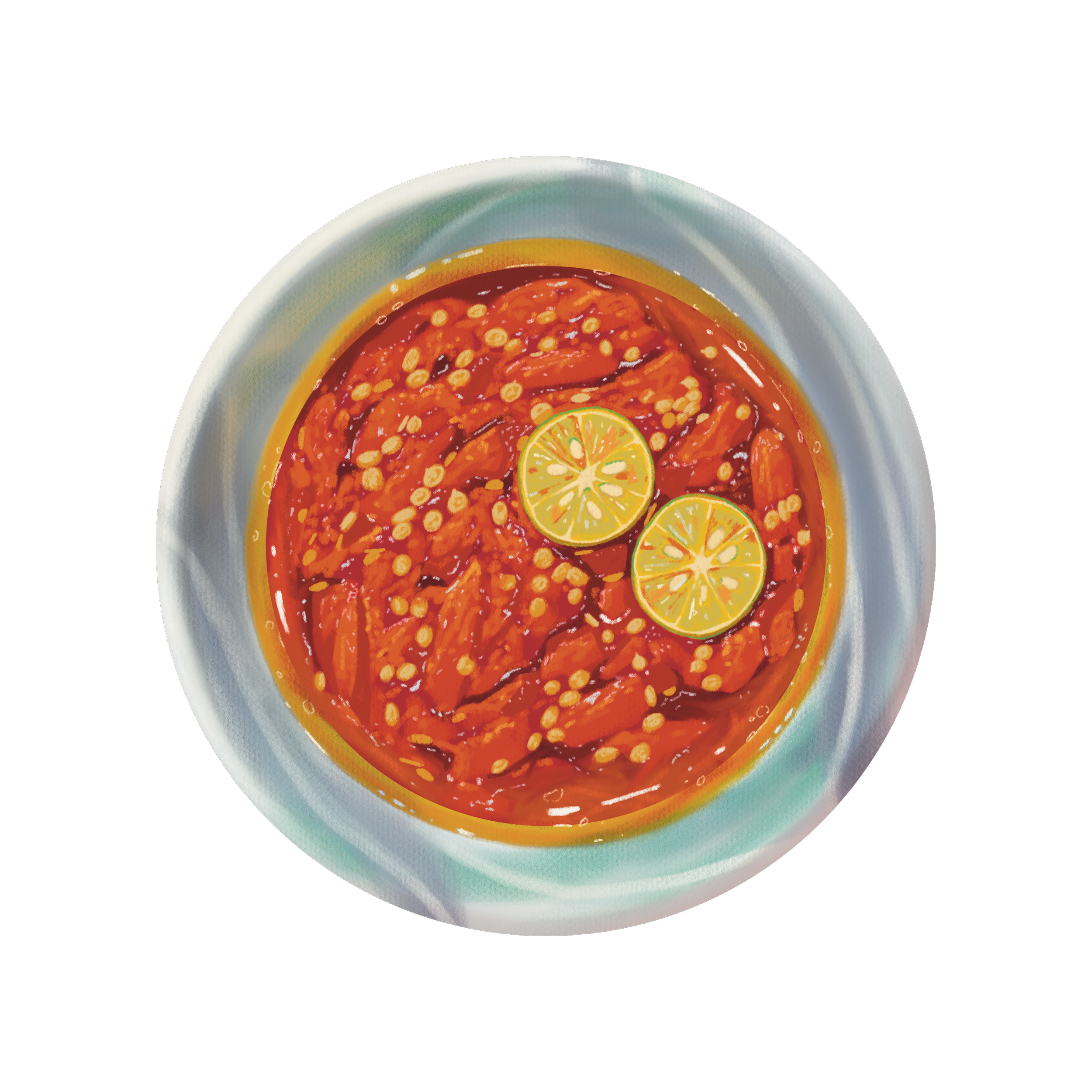Bowl of spicy soup garnished with lemon slices