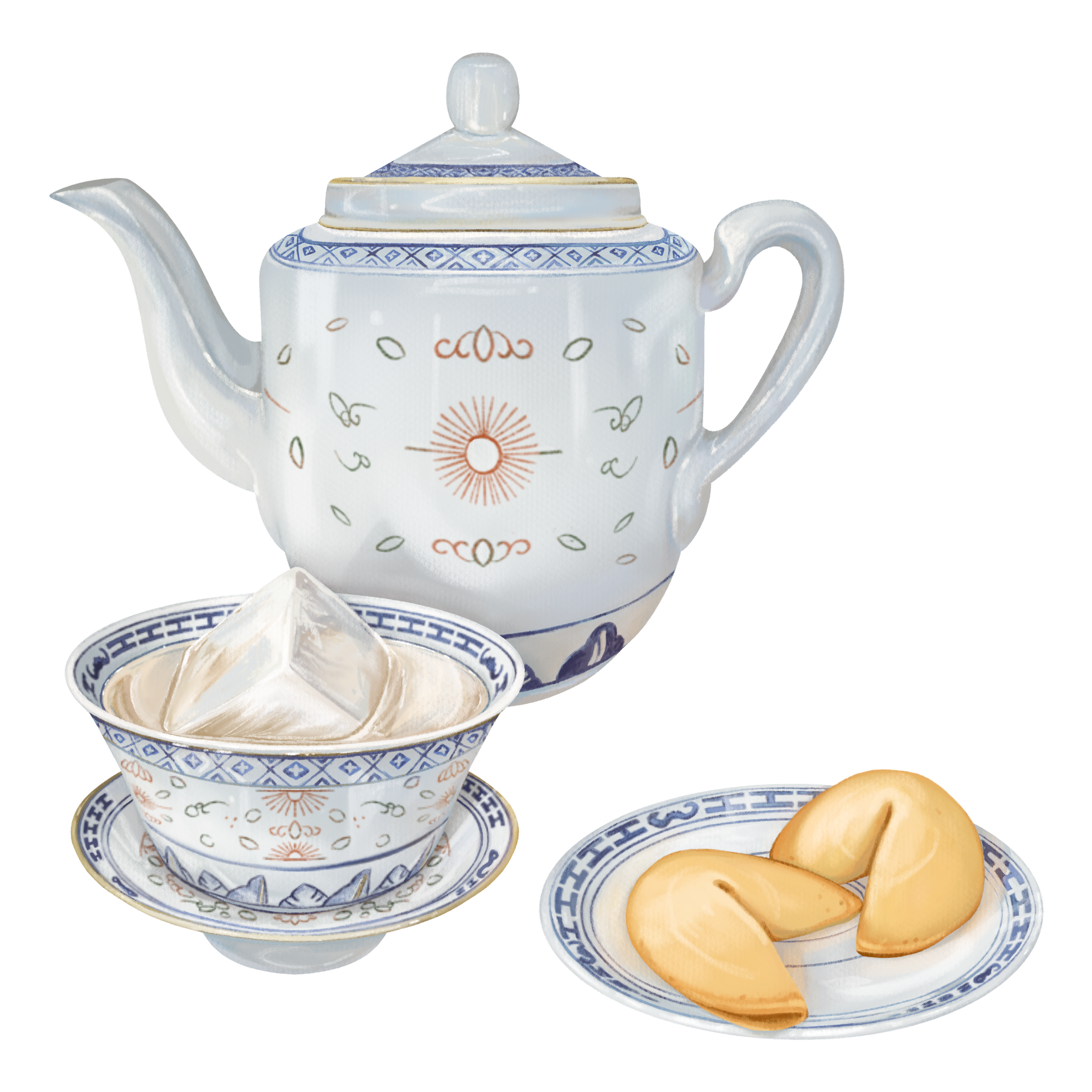 A decorative porcelain teapot with a matching cup containing sliced oranges, set on a matching saucer against a black background.