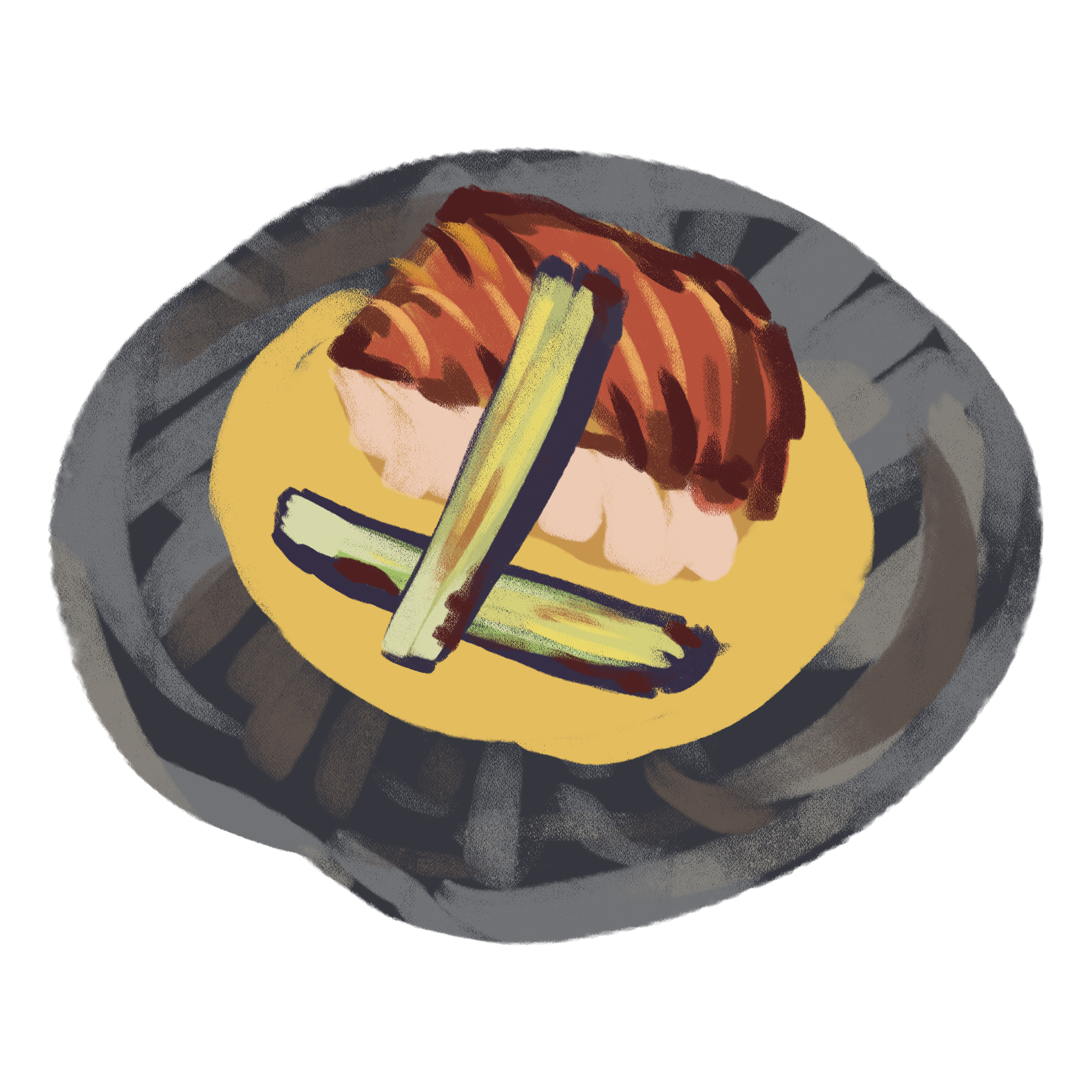 Illustration of sushi including a piece of salmon, rice, and cucumber on a yellow plate, with chopsticks.