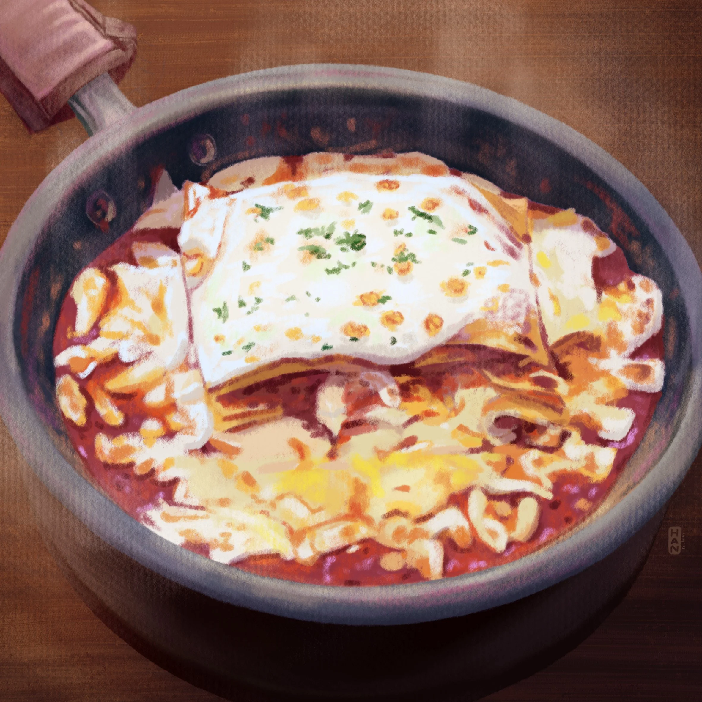 Baked pasta dish with melted cheese, tomato sauce, topped with a fried egg and garnished with parsley