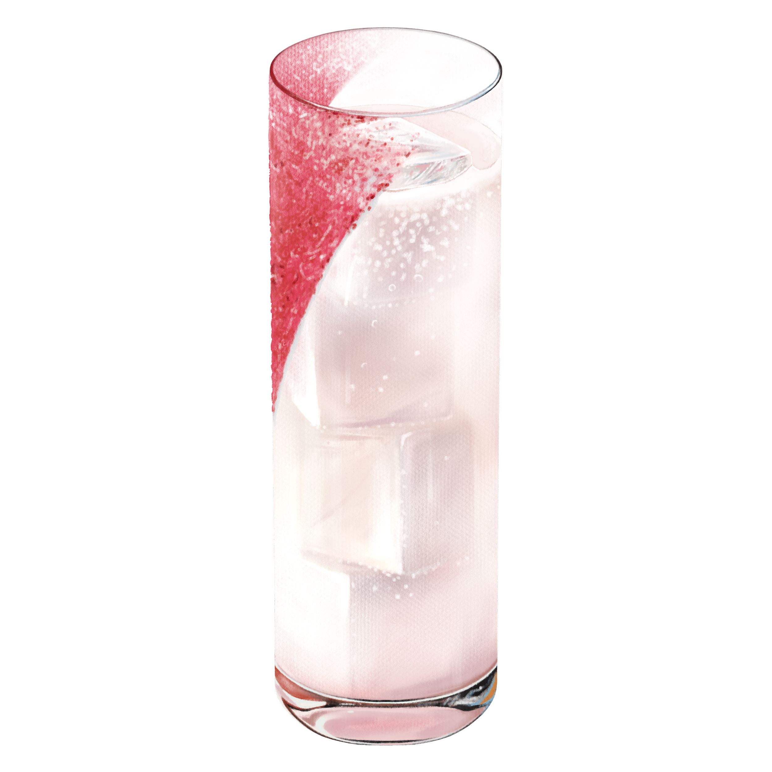 A glass of pink lemonade with ice and slices of lemon