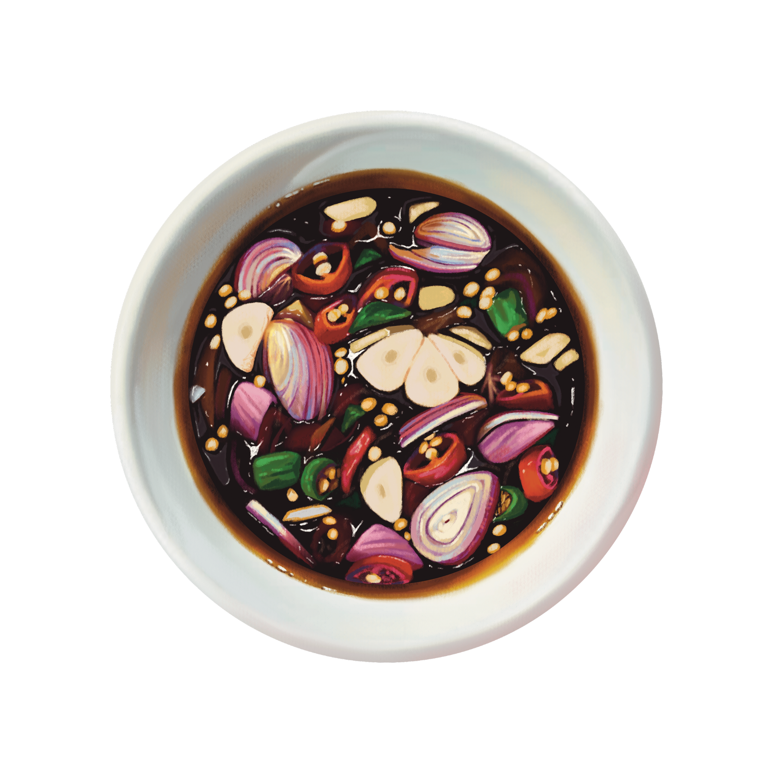 Top view of a bowl of ramen containing sliced onions, green vegetables, chili peppers, sesame seeds, and dark broth.
