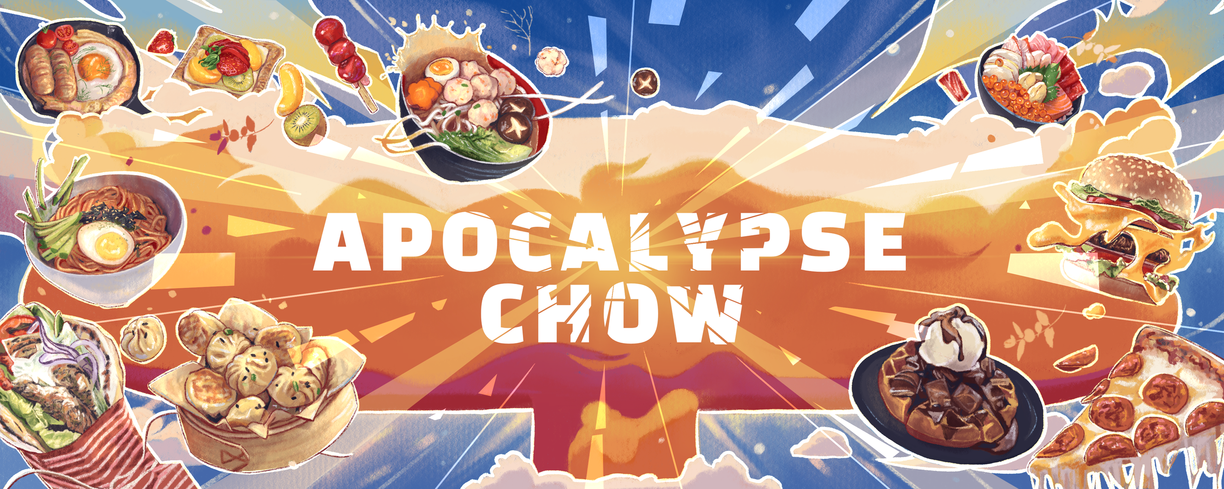 A colorful illustration with various foods such as pizza, burgers, ramen, dumplings, sushi, and ice cream around the words 'Apocalypse Chow' in the center, with a vibrant, comic-style background.