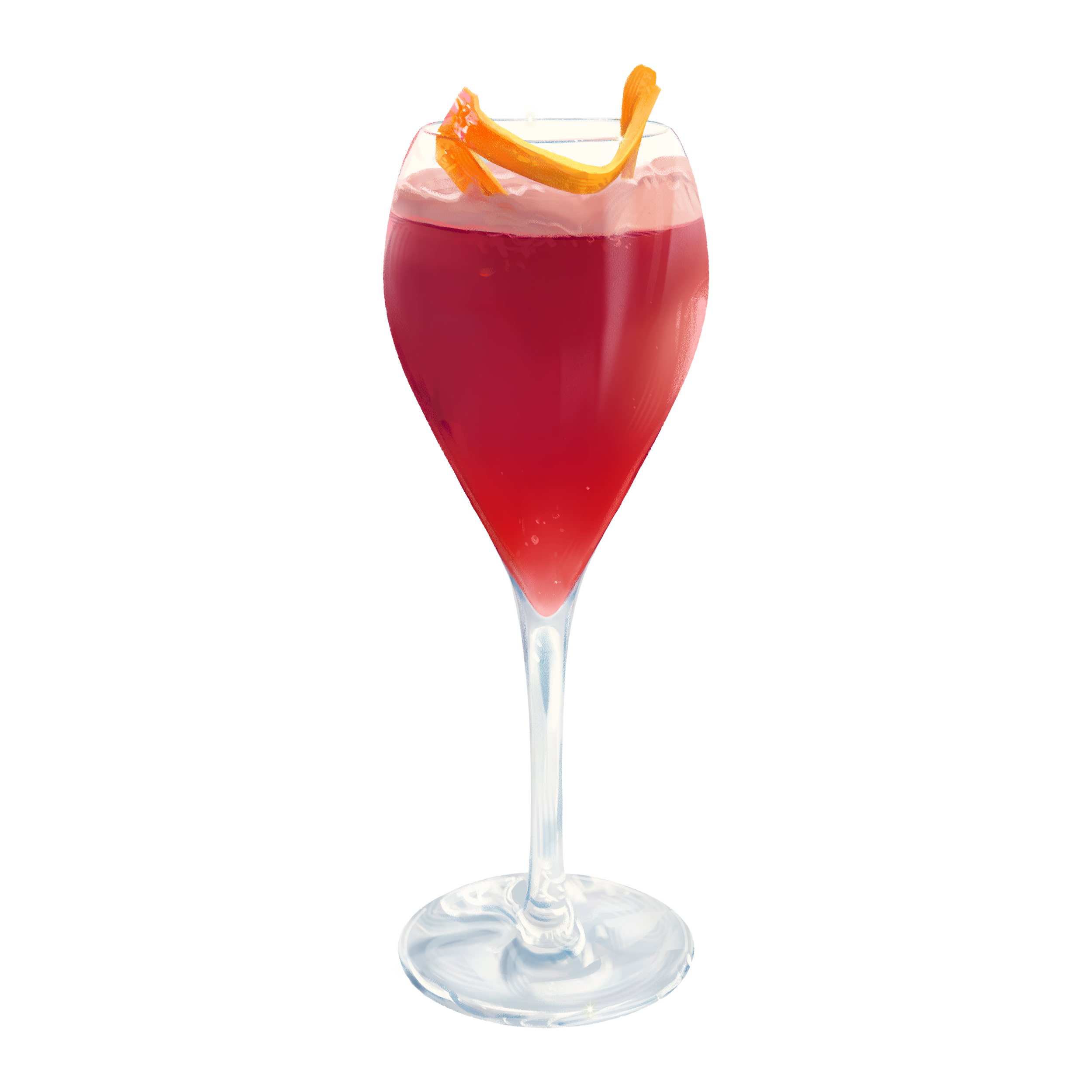 A glass of red wine with a slice of orange and a lime wedge on the rim, standing on a reflective surface.