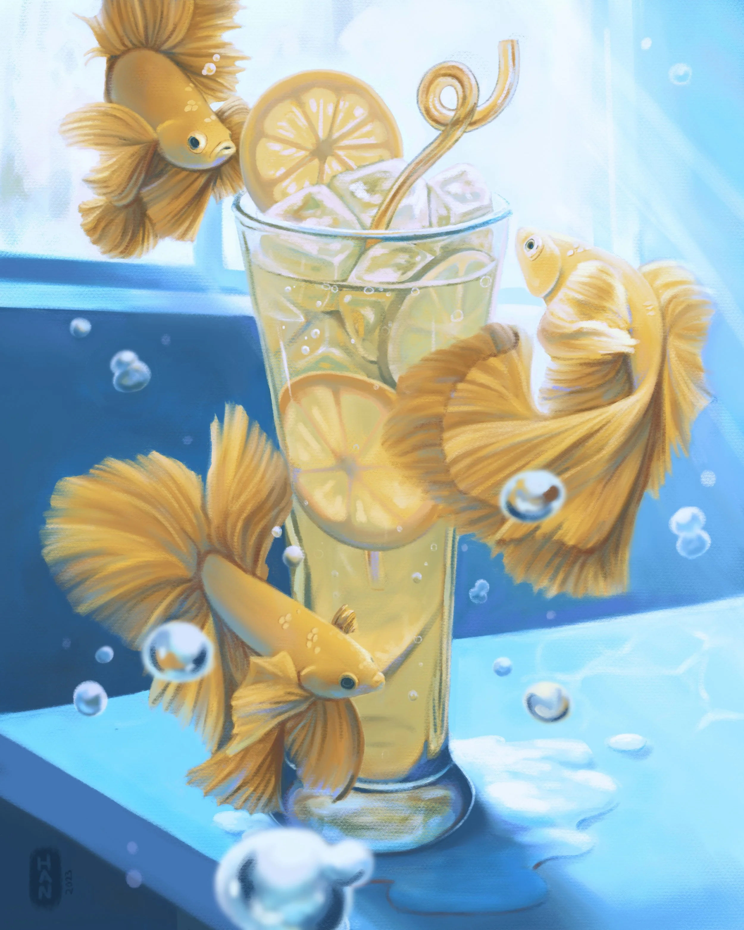 Bright painting of a glass of lemon-infused water with lemon slices and ice, surrounded by four golden-yellow betta fish swimming around it with bubbles and light reflections.