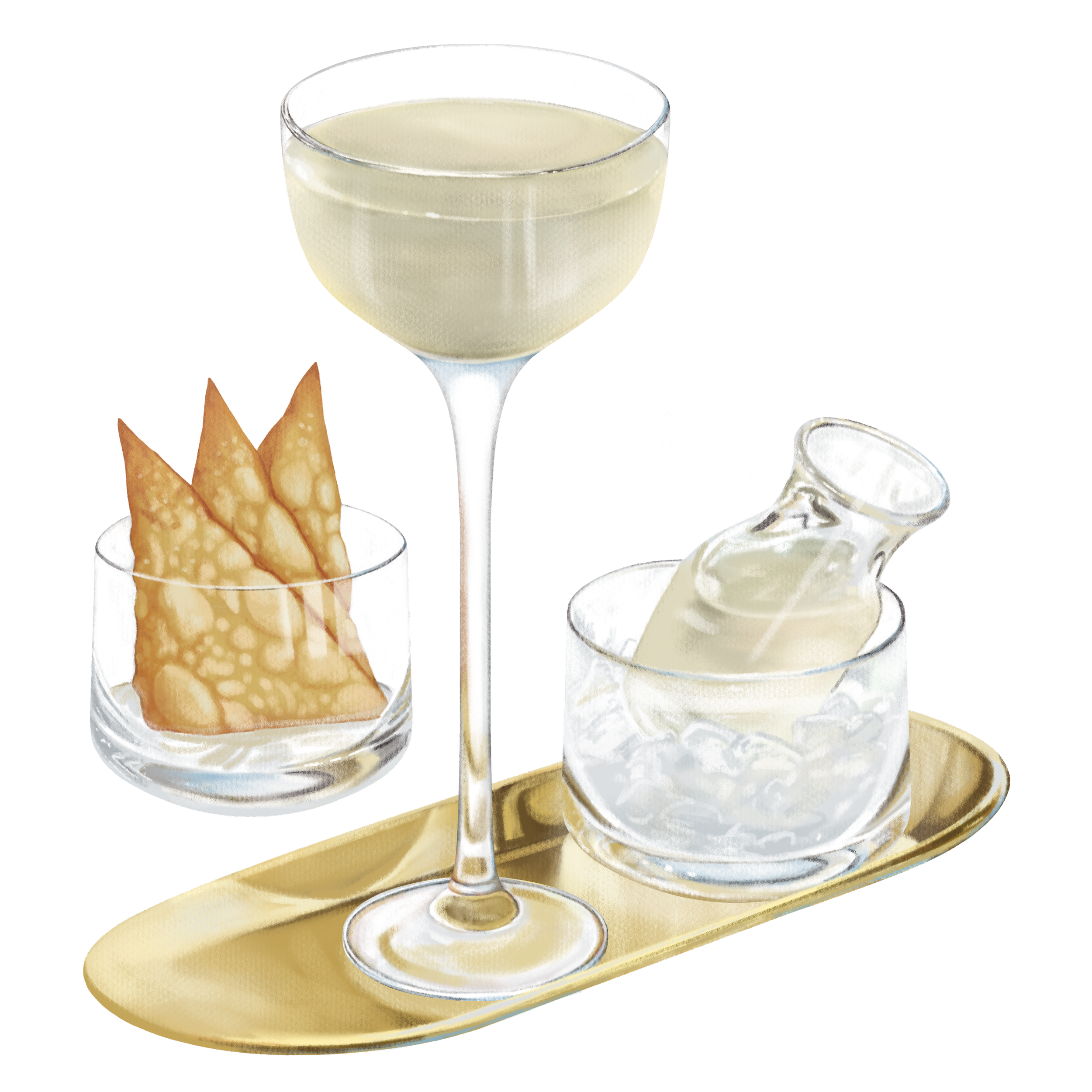A cocktail glass filled with a pale yellow drink, garnished with triangular potato chips, placed on a round tray with additional potato chips.