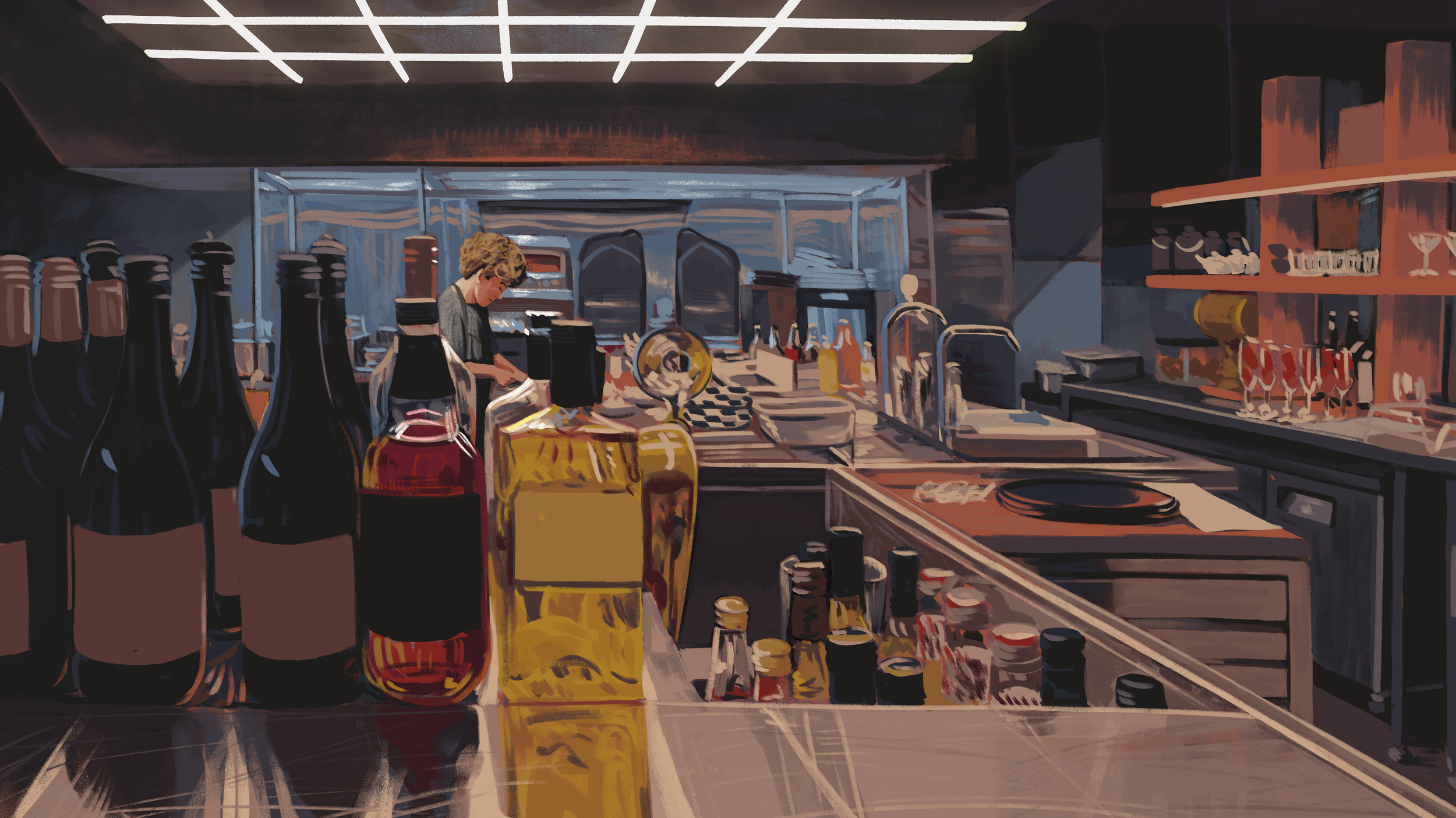 A bartender behind the counter preparing drinks in a bar with bottles and glasses.