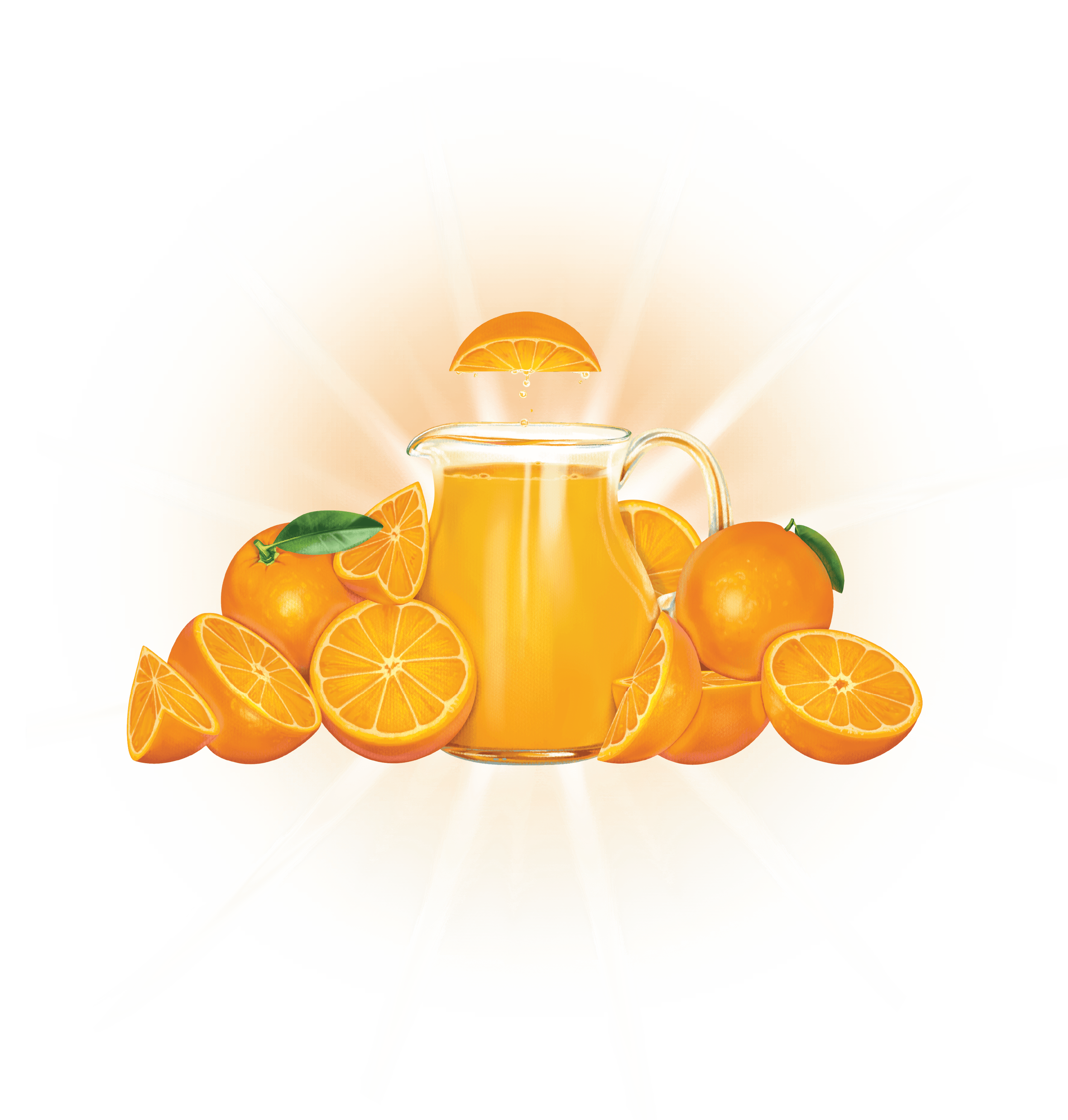 A pitcher of orange juice surrounded by whole and sliced oranges with a radiant, glowing background.