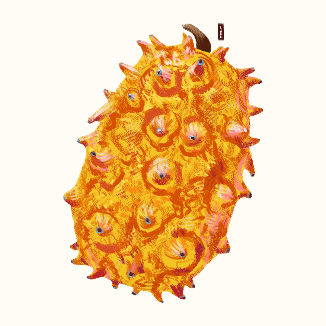 Colorful illustration of a spiky, oval-shaped pufferfish with a bright orange body and blue eyes, against a plain white background.