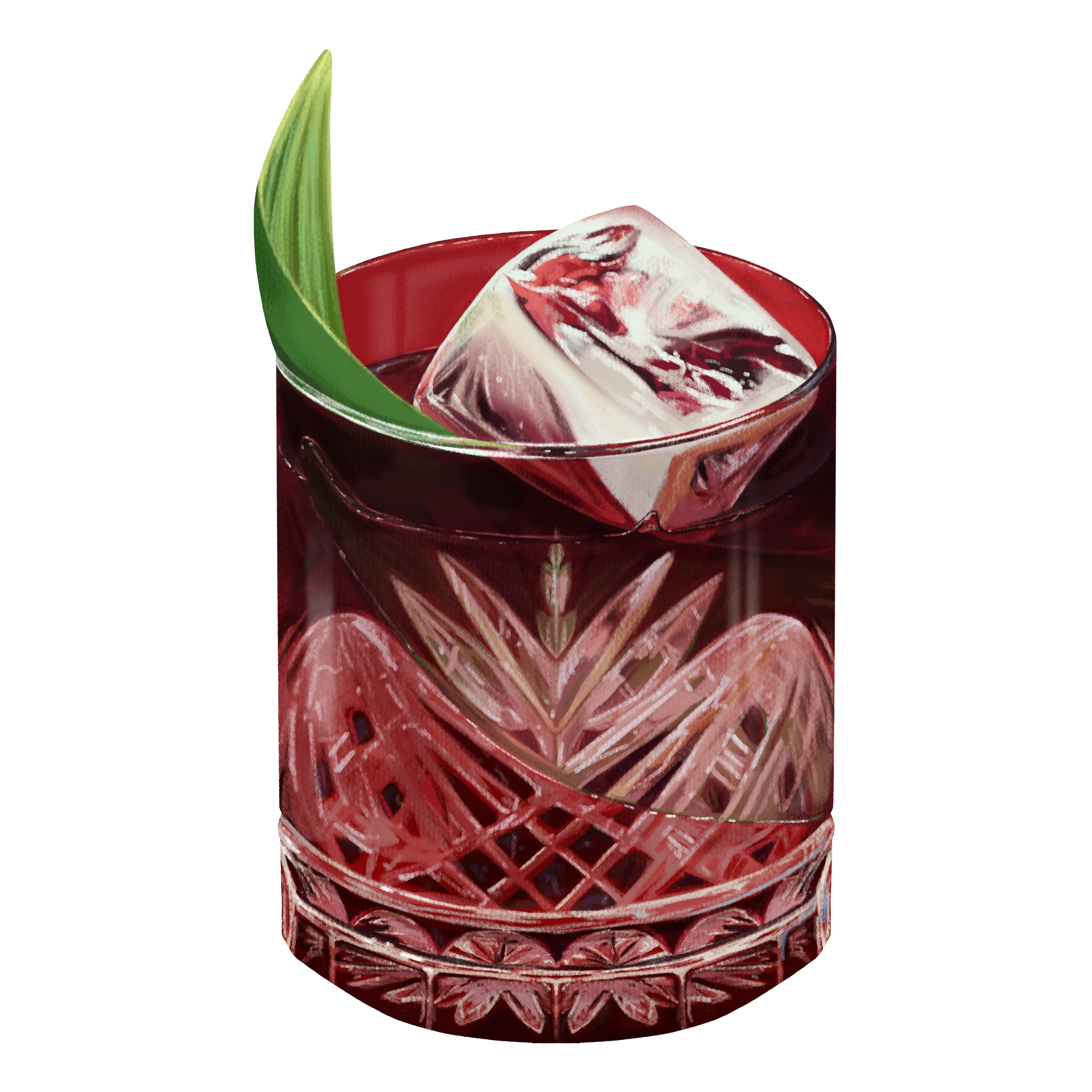 A red glass containing ice cubes with a green leaf inside.