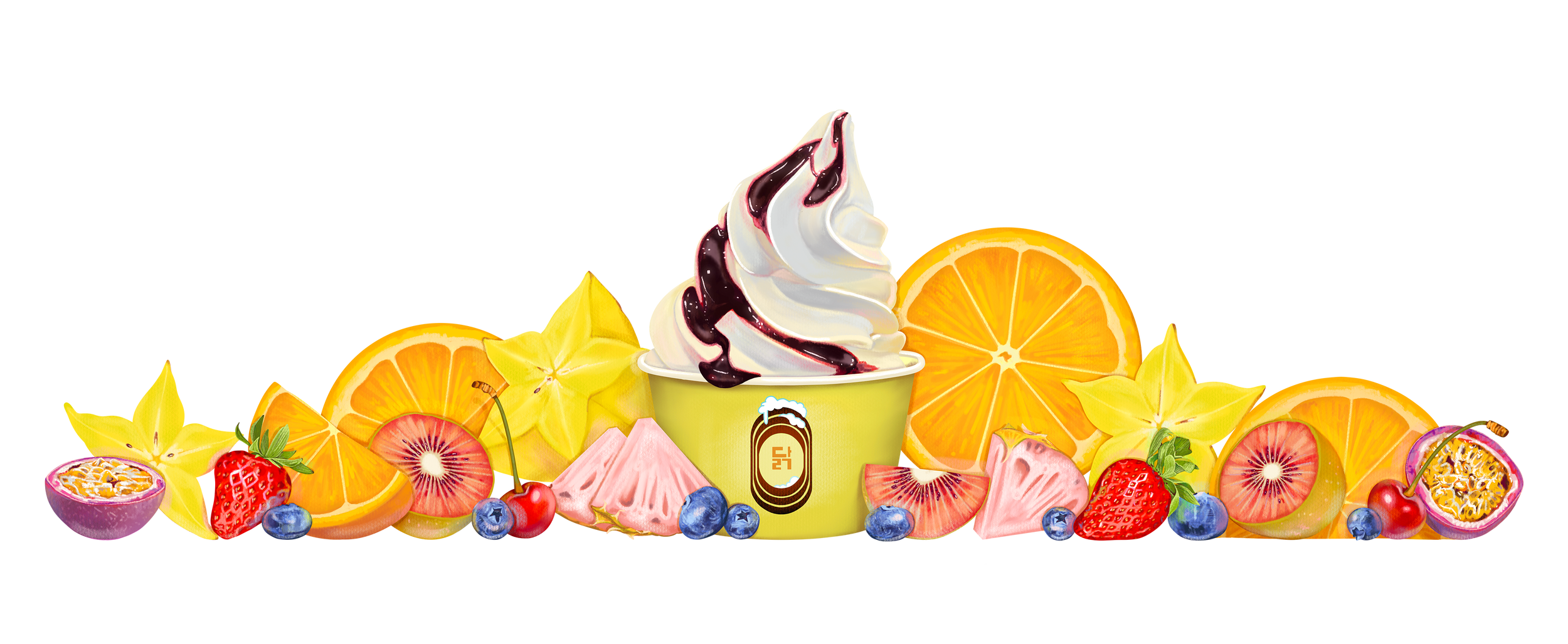 A cup of soft serve ice cream topped with berry sauce surrounded by sliced oranges, starfruit, strawberries, blueberries, cherries, passion fruit, and dragon fruit slice.