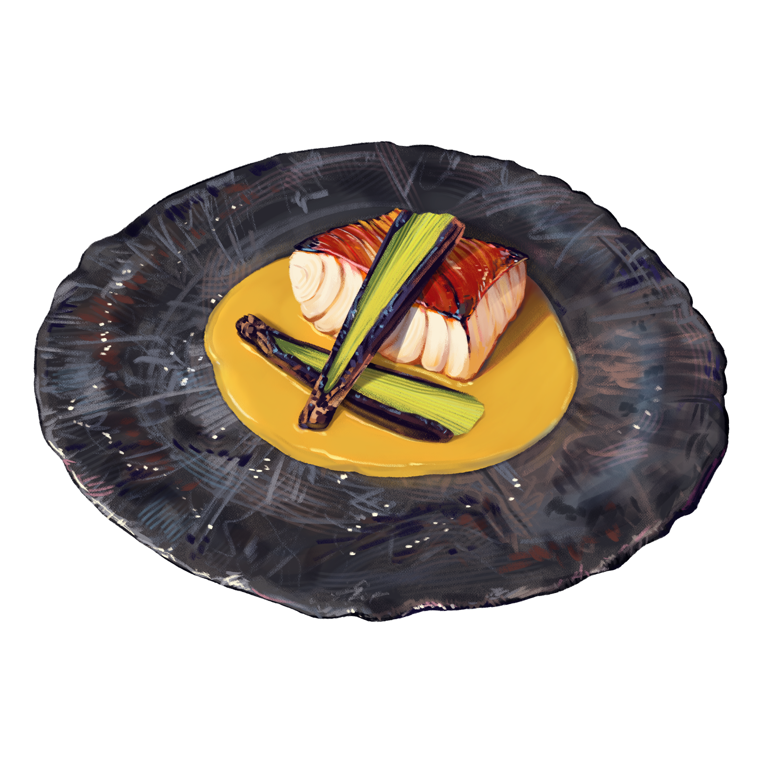 A plated piece of cooked salmon with a creamy sauce, garnished with two charred leek or green onion stalks, on a black textured plate.