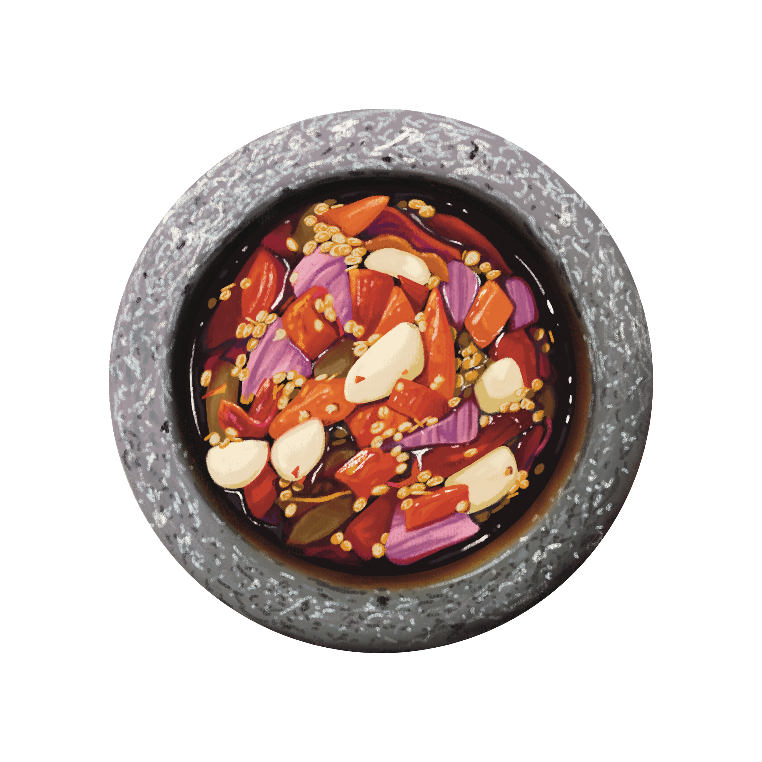 A bowl of soup containing carrots, onions, and other vegetables, topped with sesame seeds and garlic cloves, presented in a textured gray bowl on a black background.