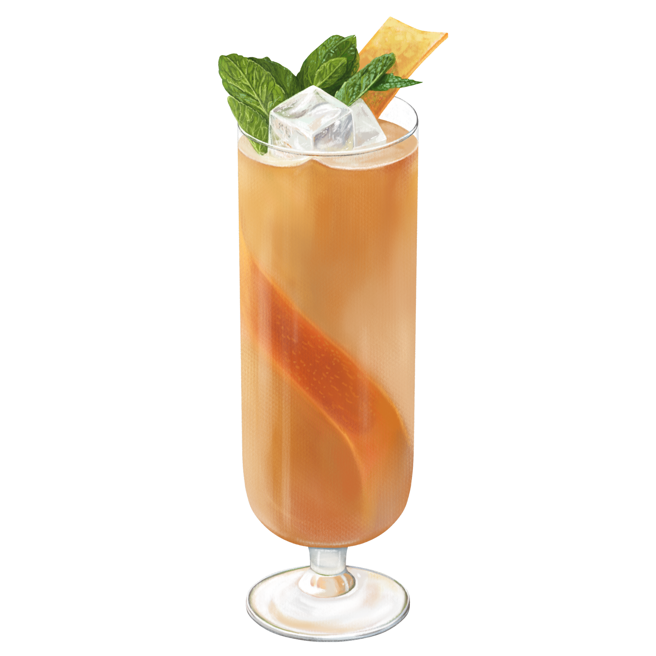 A watercolor painting of a cocktail glass filled with an orange-colored beverage, garnished with fresh mint leaves, a lemon wedge, and ice cubes.