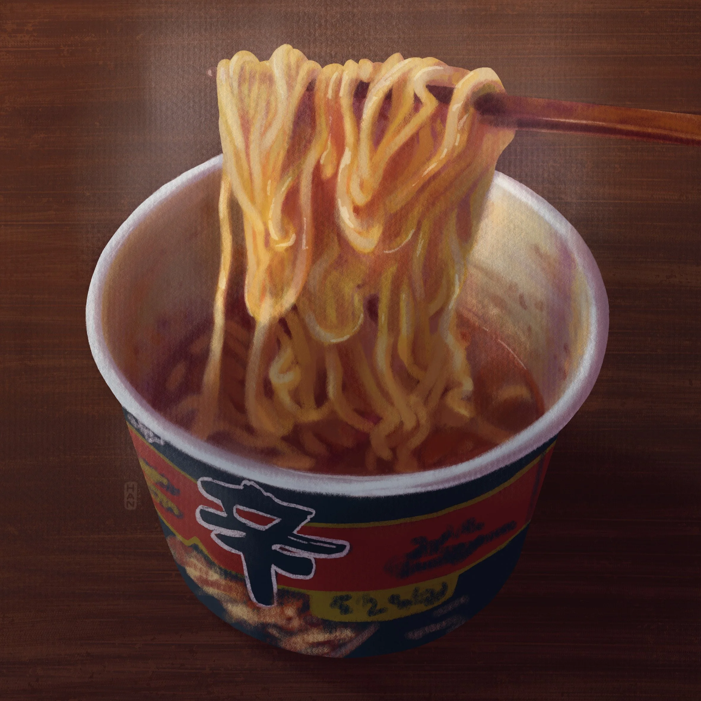 Cup of instant noodles with noodles being lifted by chopsticks.