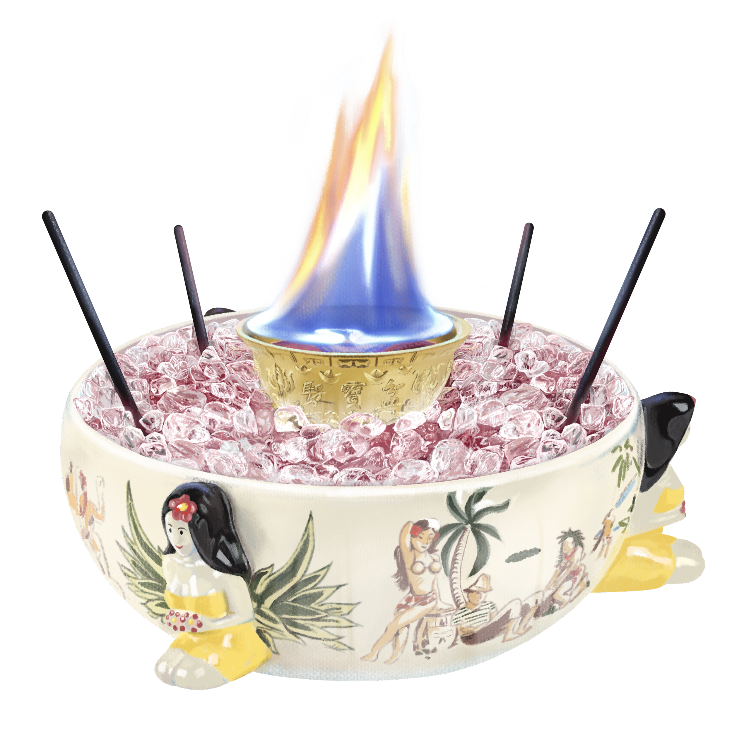 A decorated cake with traditional Japanese imagery, including a geisha, cherry blossoms, and a yellow bow, featuring a gold coin and colorful illustrations.