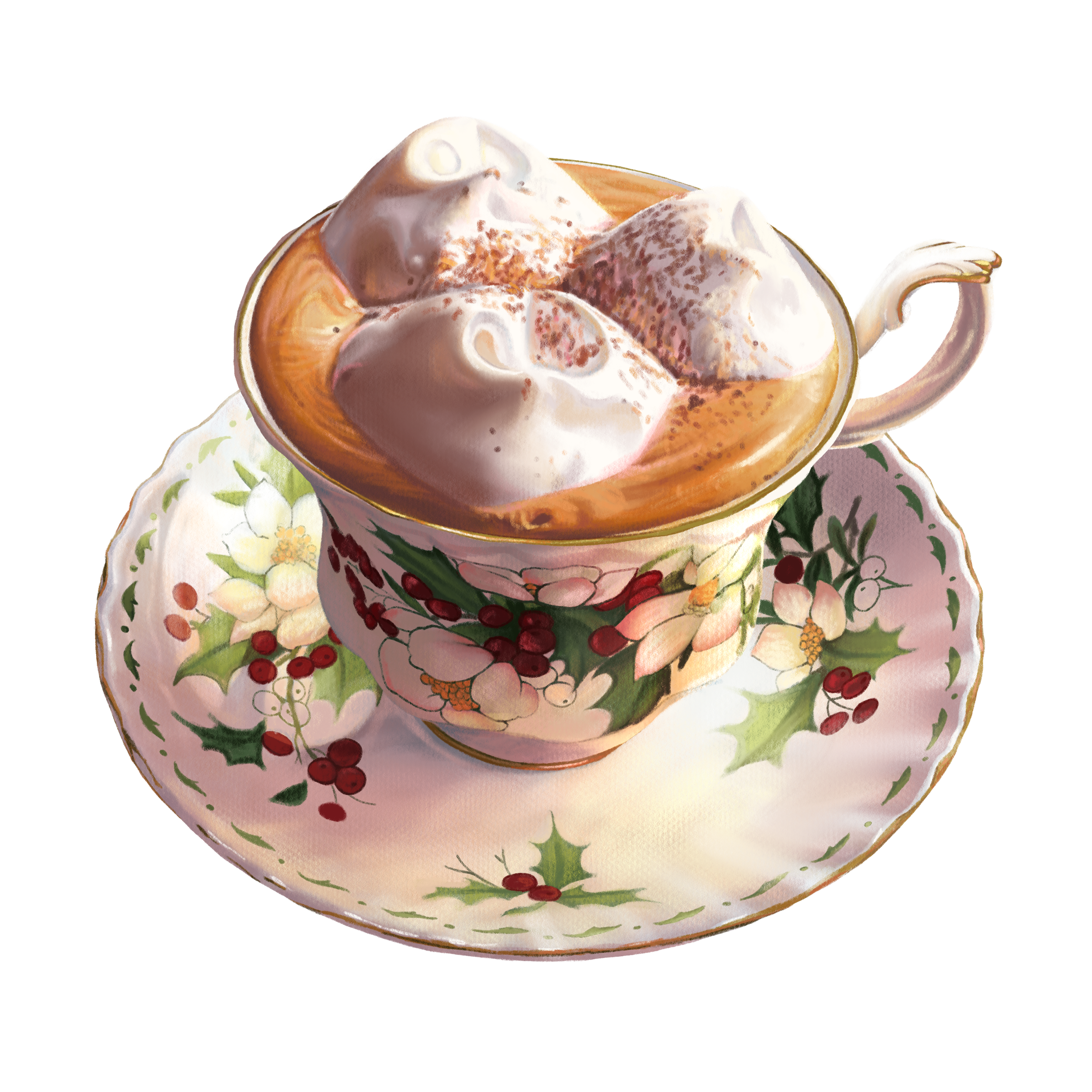 A decorated Christmas cup with hot chocolate topped with marshmallows, placed on a matching holiday plate with holly and poinsettia designs.