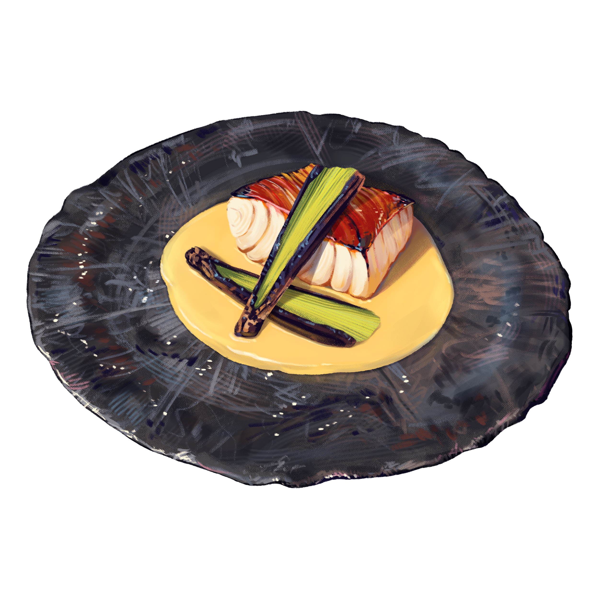 A plated gourmet dish with a seared piece of salmon topped with grilled vegetables, served on a yellow sauce on a dark decorative plate.
