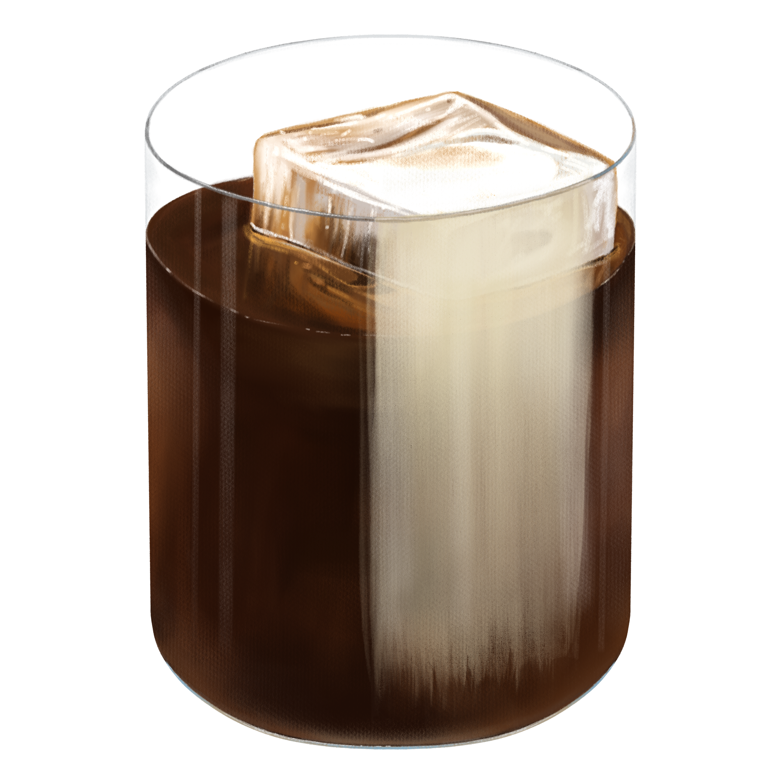 A glass of iced coffee with a large ice cube, viewed from above.