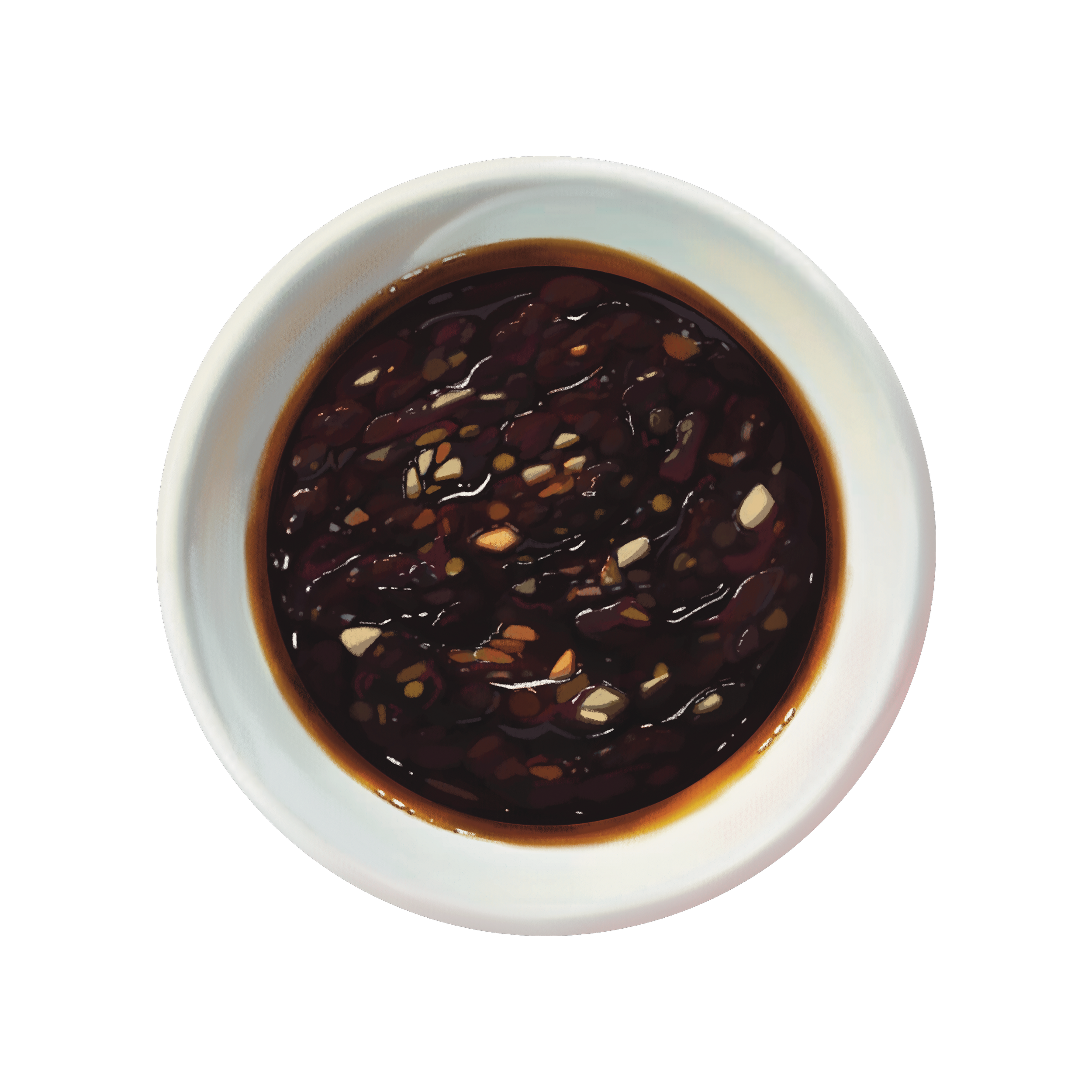 Top view of a white bowl filled with dark liquid, possibly a type of sauce or syrup, topped with chopped nuts.