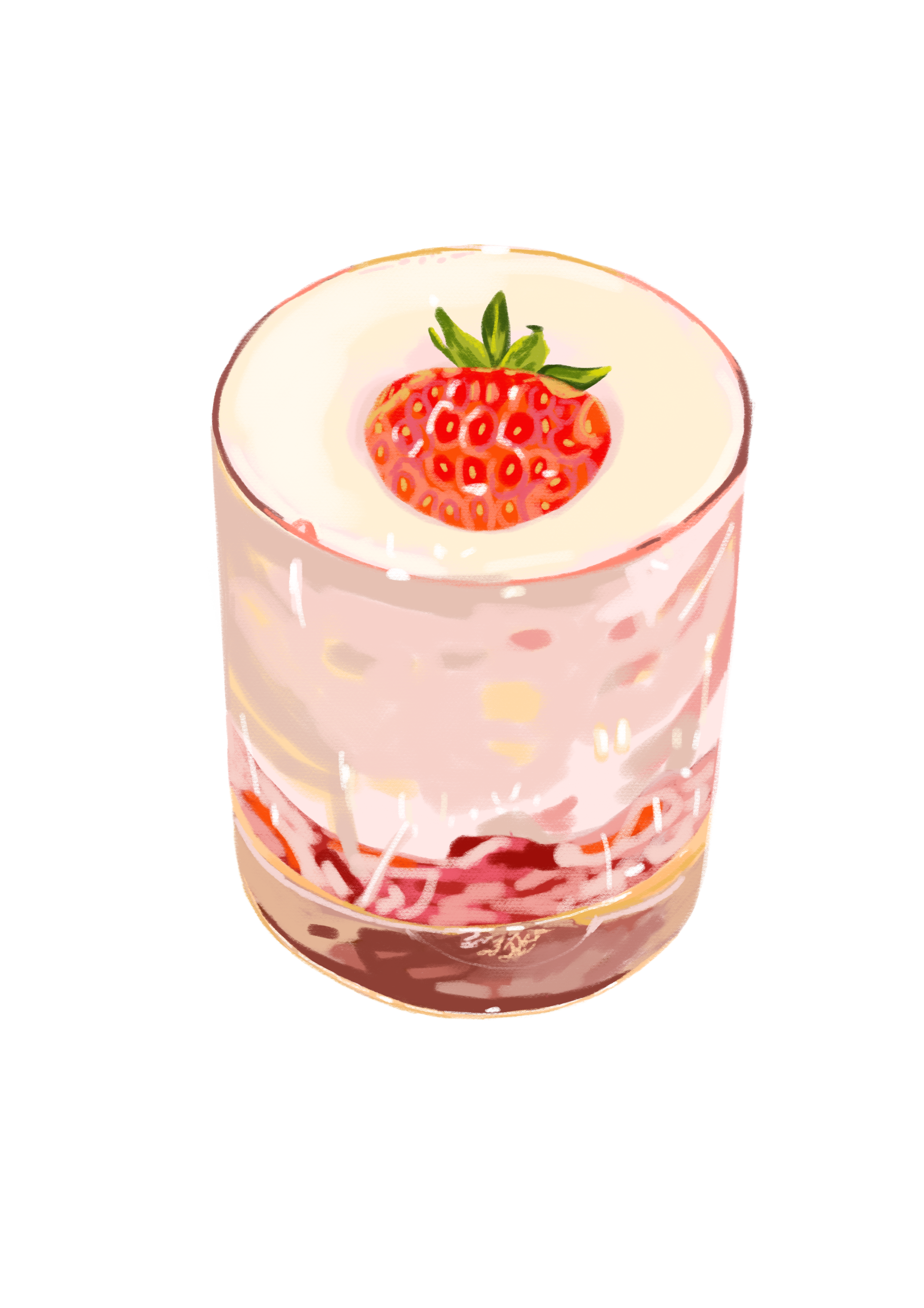 A layered dessert in a glass with a strawberry on top.