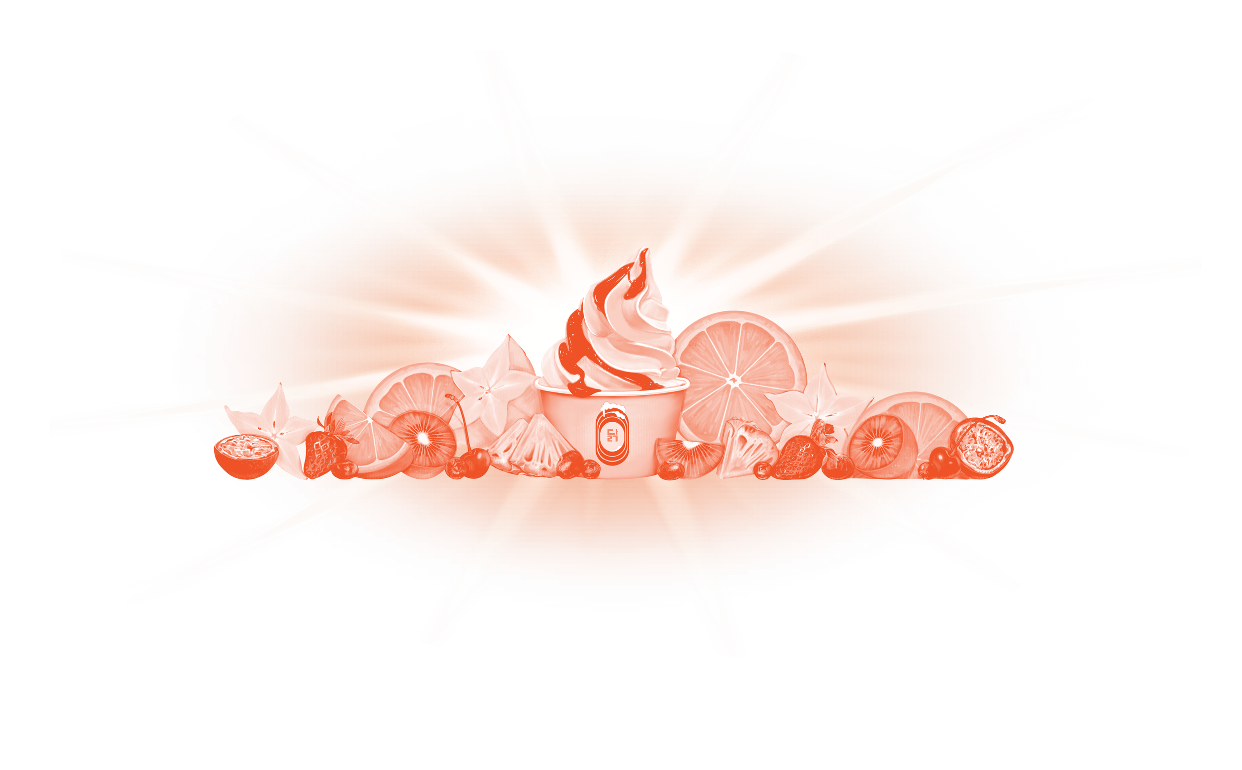 Ice cream sundae with whipped cream and cherry surrounded by citrus fruits and strawberries, with splashing milk and ice cream cones in the background.