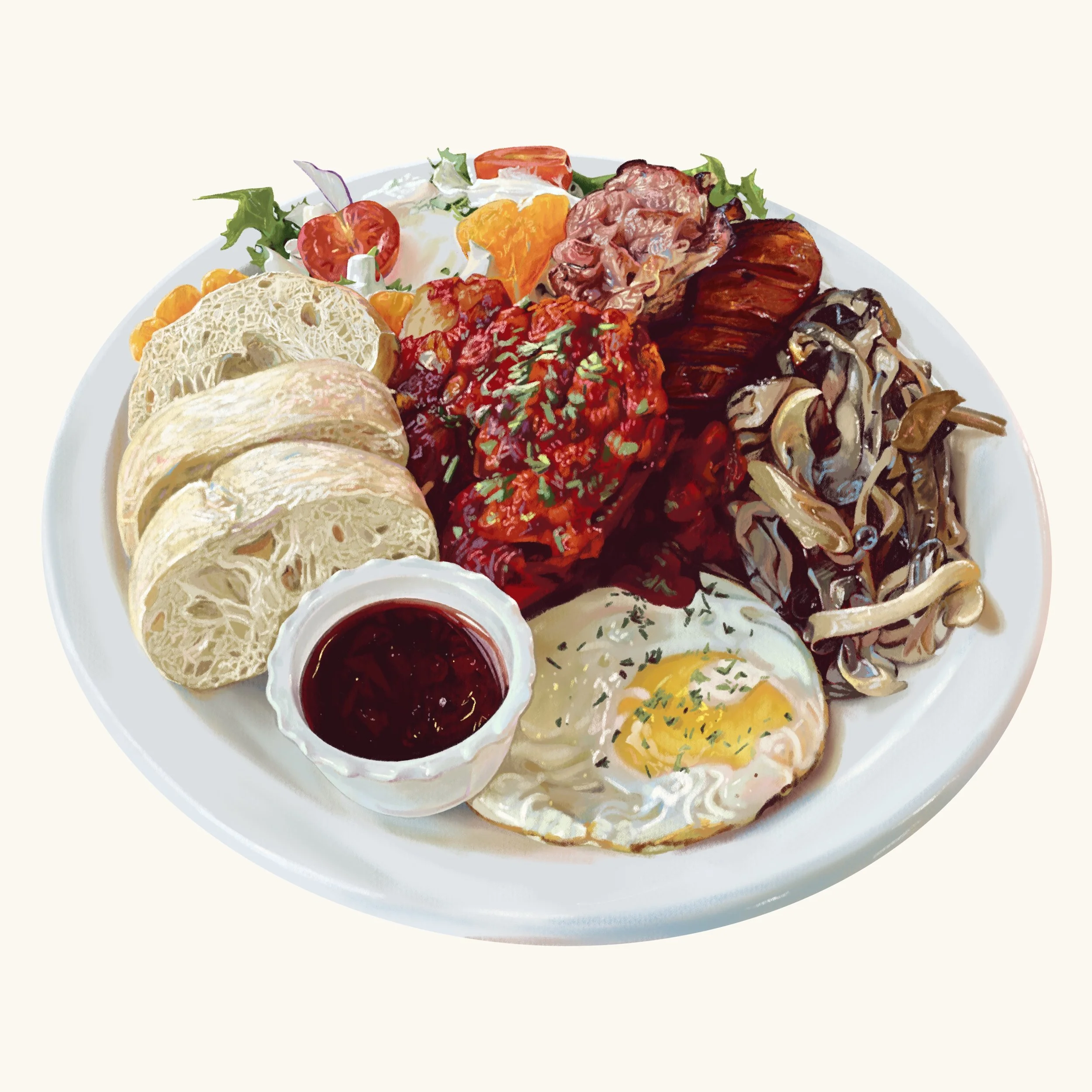 A white plate with various foods including sliced bread, cherry tomatoes, salad, roasted vegetables, a fried egg, and a small dish of jam or sauce.