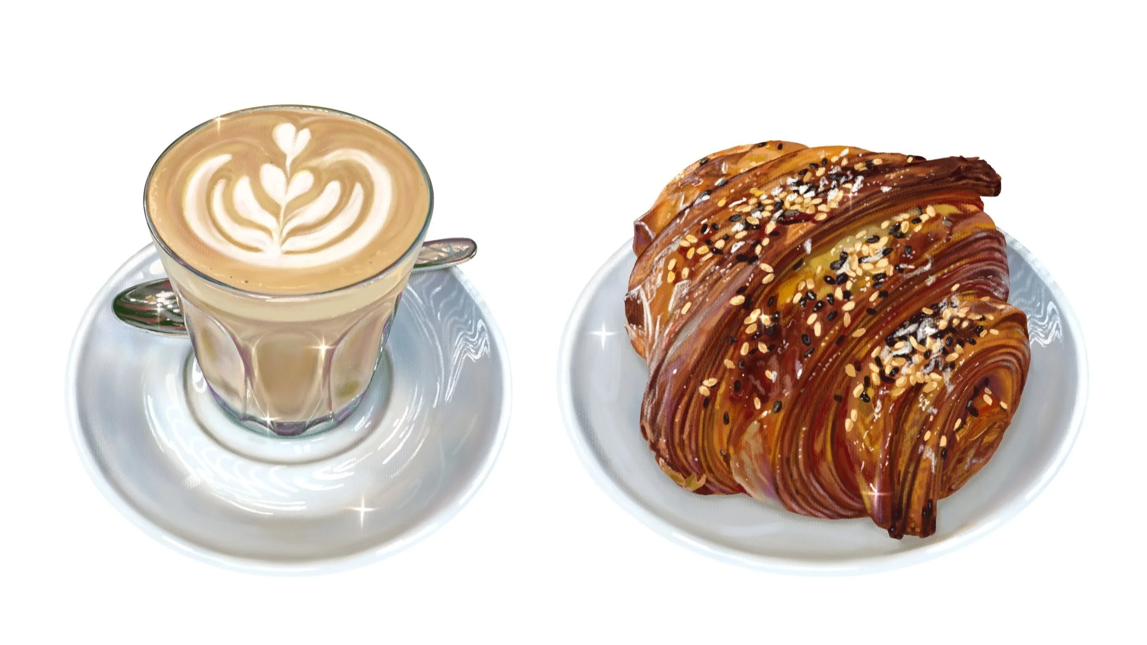 A glass cup of coffee with latte art on top, placed on a saucer with a spoon, alongside a plate with a croissant topped with chocolate glaze and sprinkled with sesame seeds.