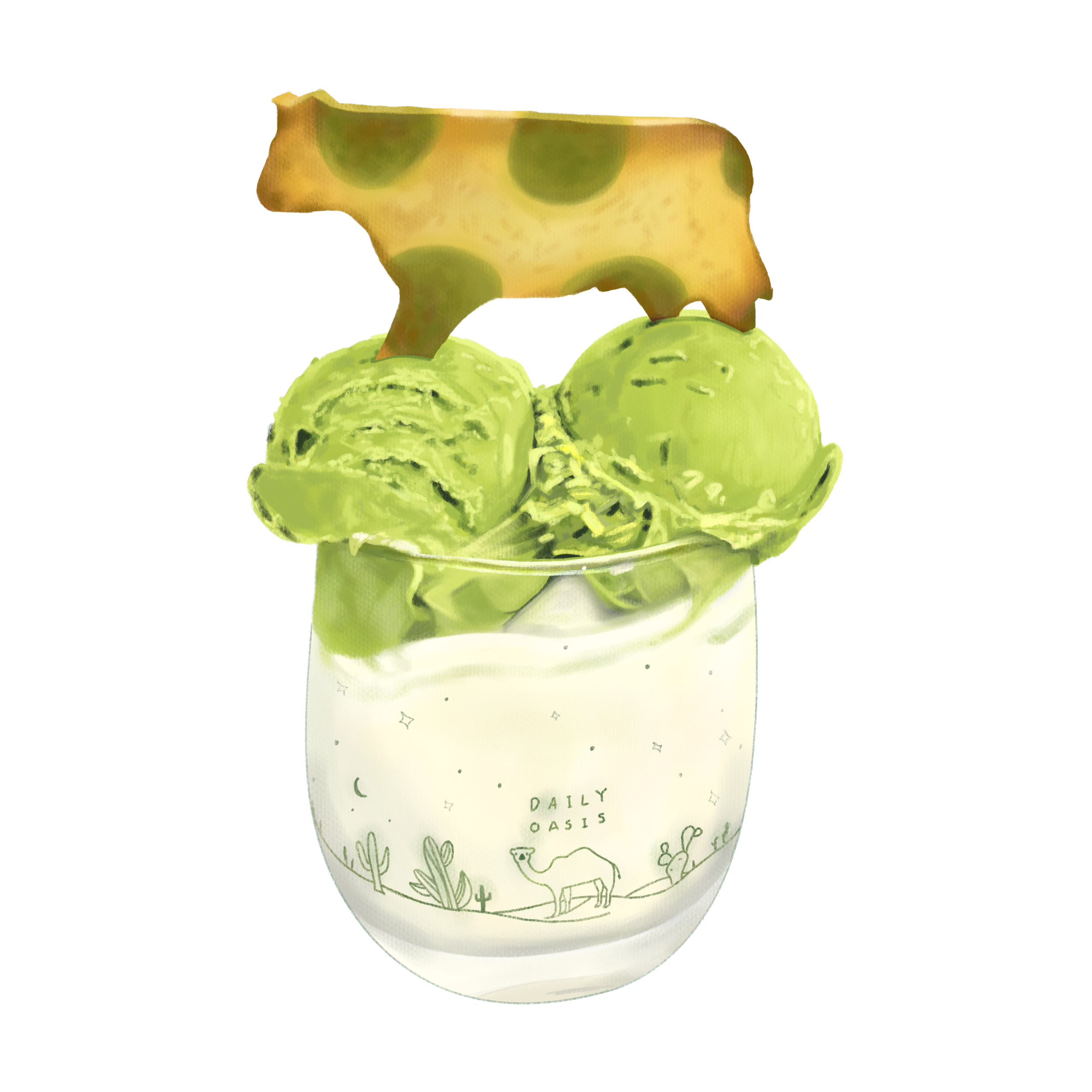 Mint ice cream scoops topped with a honeycomb-shaped cookie in a glass with desert-themed illustrations and the text 'Daily Oasis'.