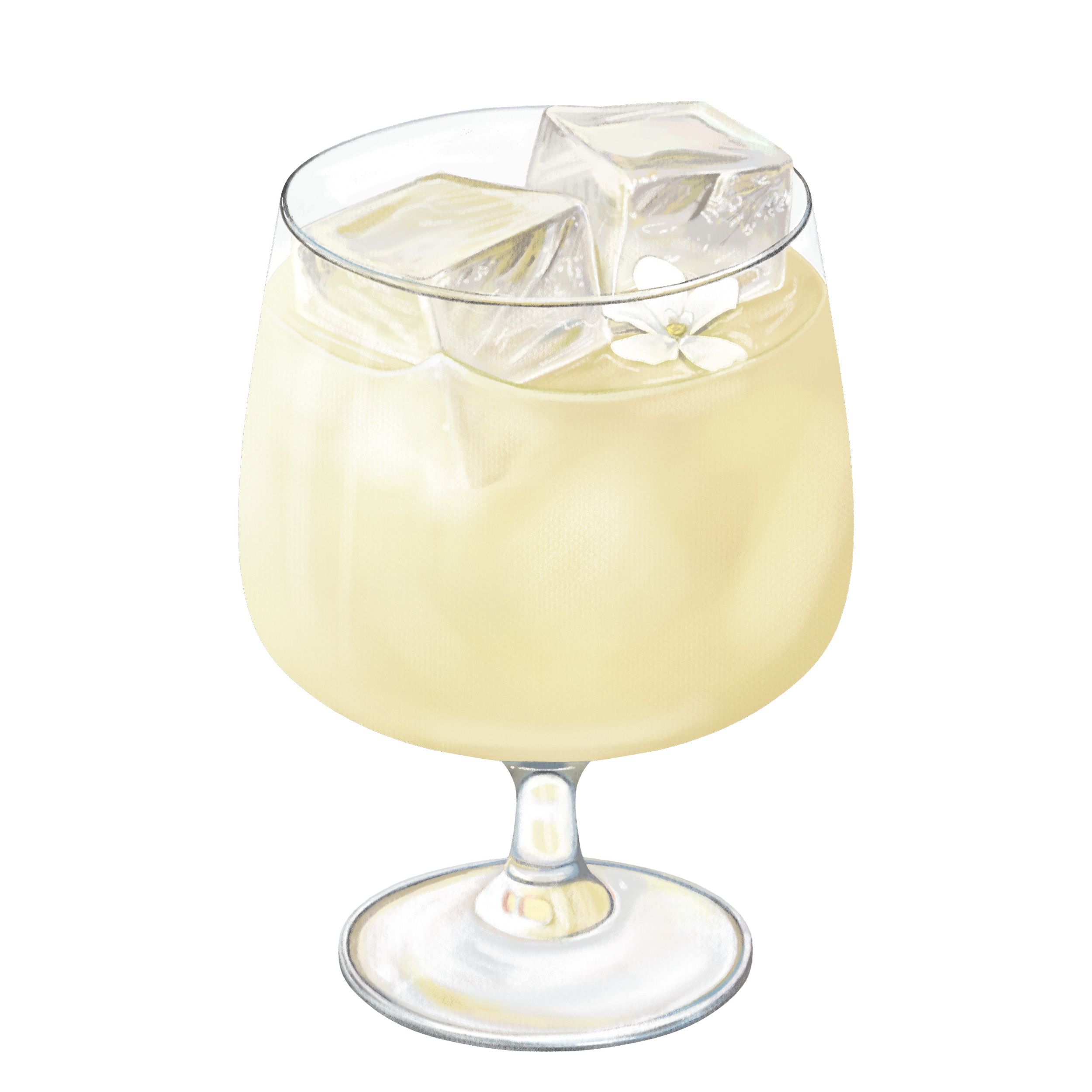 A glass filled with a yellow drink, ice cubes, and a white flower garnish placed inside the drink.