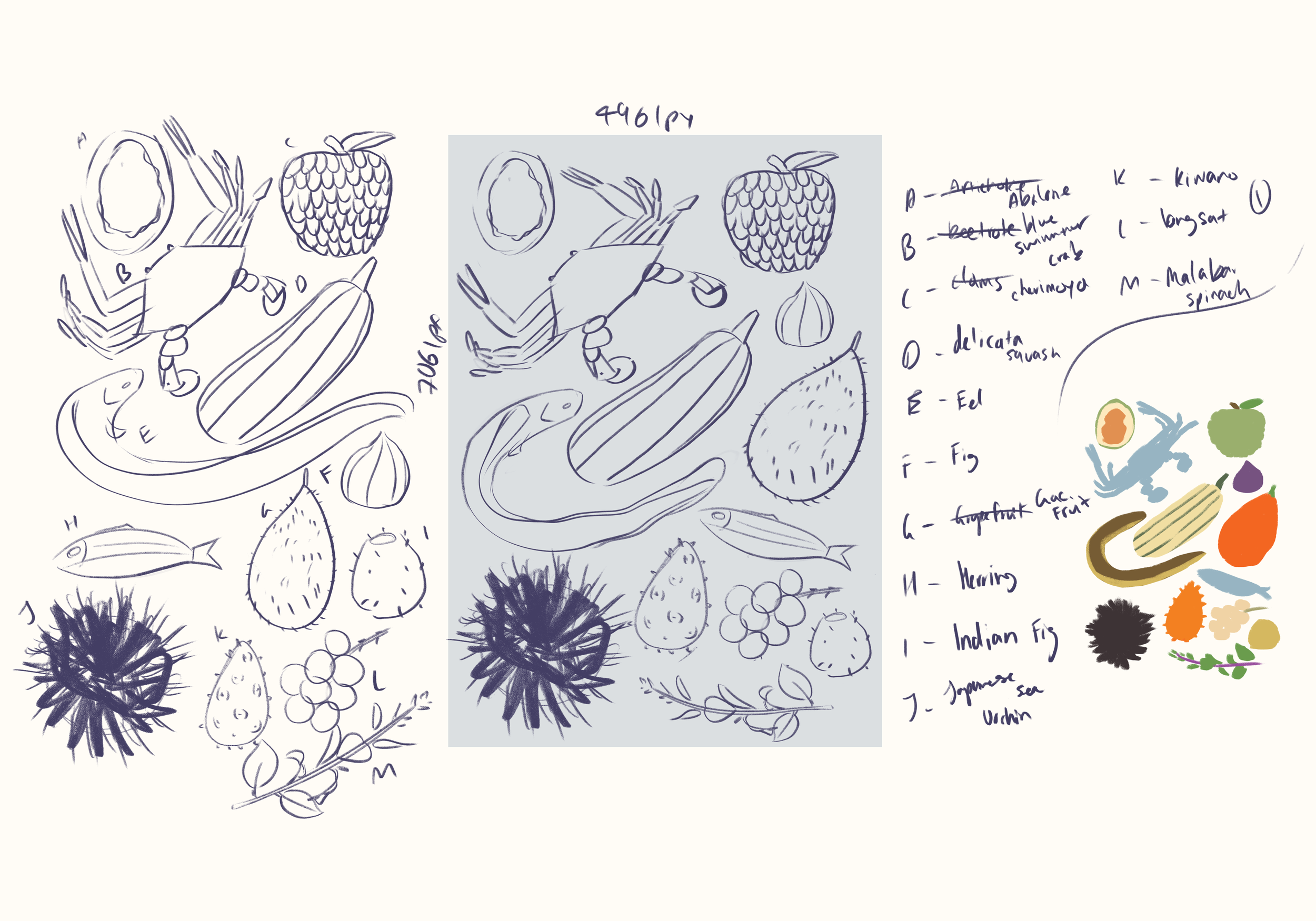 Hand-drawn sketch of various fruits and vegetables with labeled notes. The sketches include strawberries, durian, figs, and other produce, with some color accents on the right side.