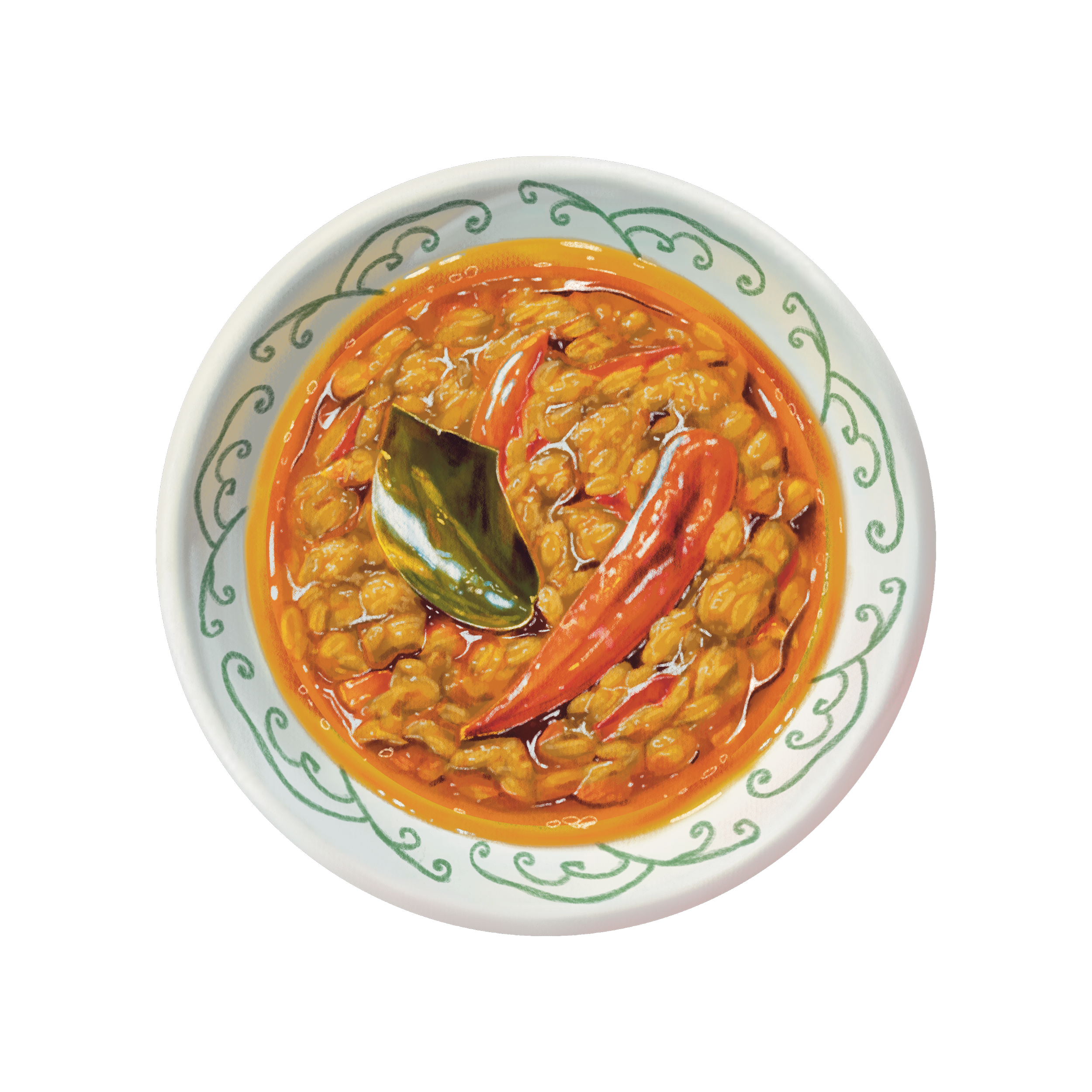 A bowl of spicy seafood and rice garnished with herbs, surrounded by a decorative green swirl pattern on the white bowl.
