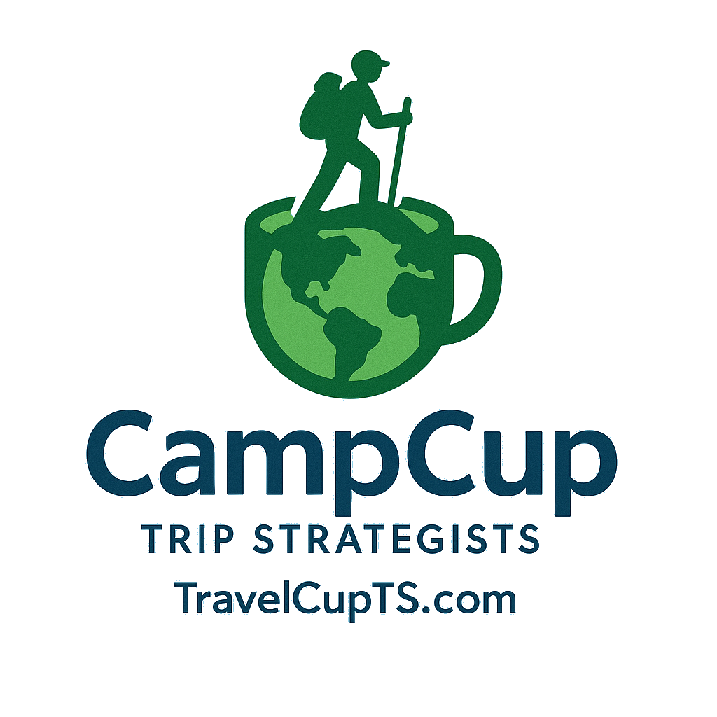 Logo for CampCup, featuring a green globe with a hiking figure on top, and text that says "CampCup TRIP STRATEGISTS TravelCupTS.com".