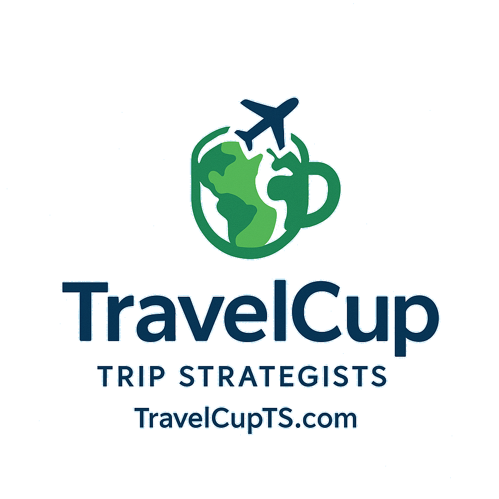 Logo for TravelCup Trip Strategists featuring a globe with a plane flying over it and a travel mug, with text "TravelCup," "Trip Strategists," and "TravelCupTS.com".
