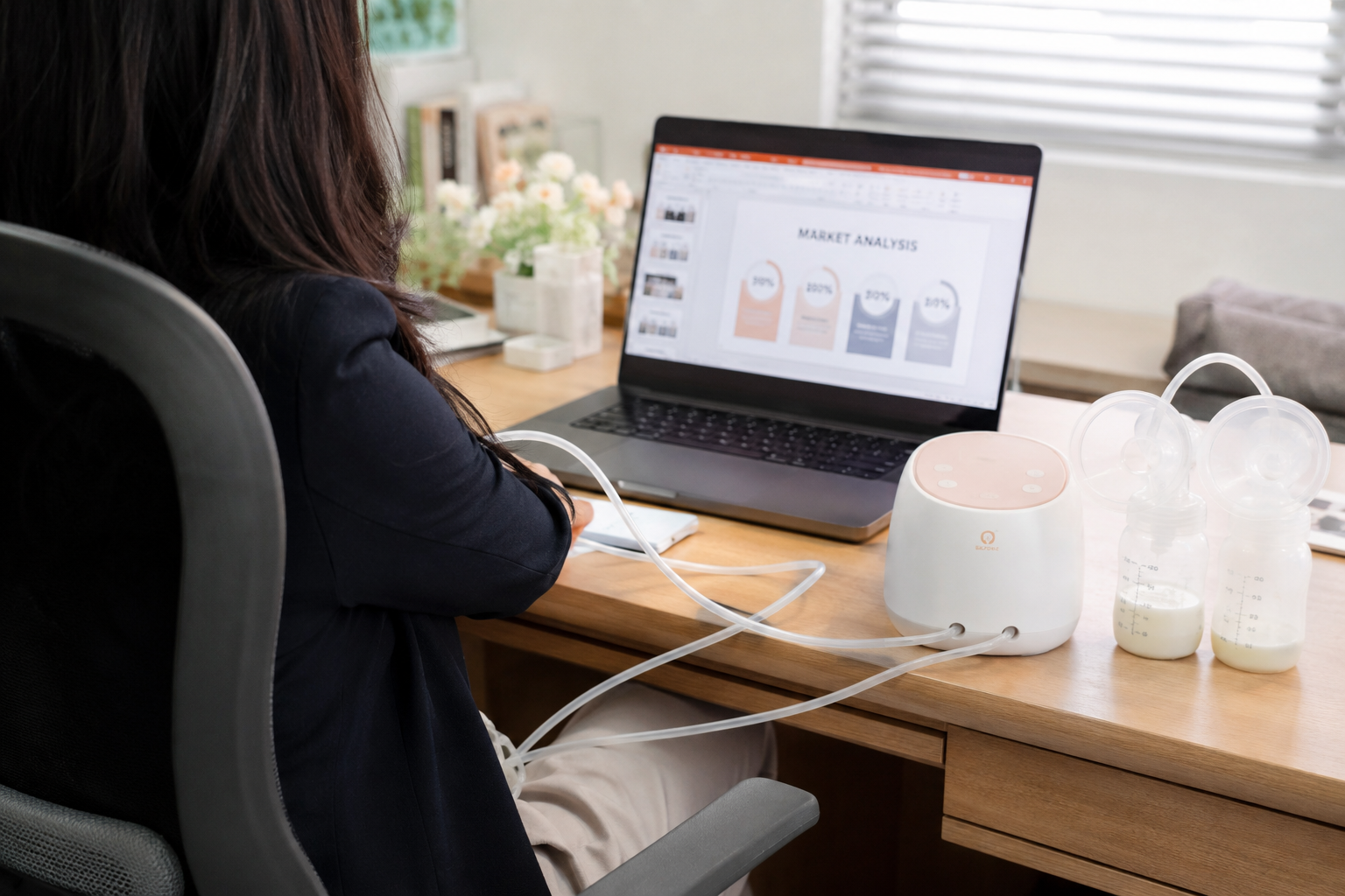 Mother expressing breast milk with pump while working on laptop in Singapore