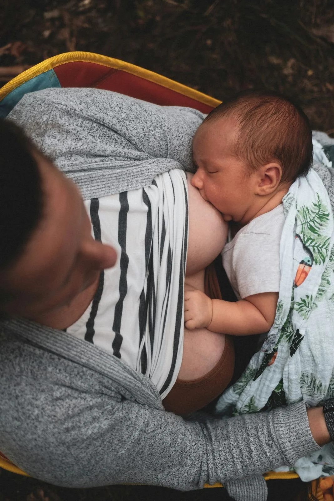 Mother cradle baby breastfeeding in a chair