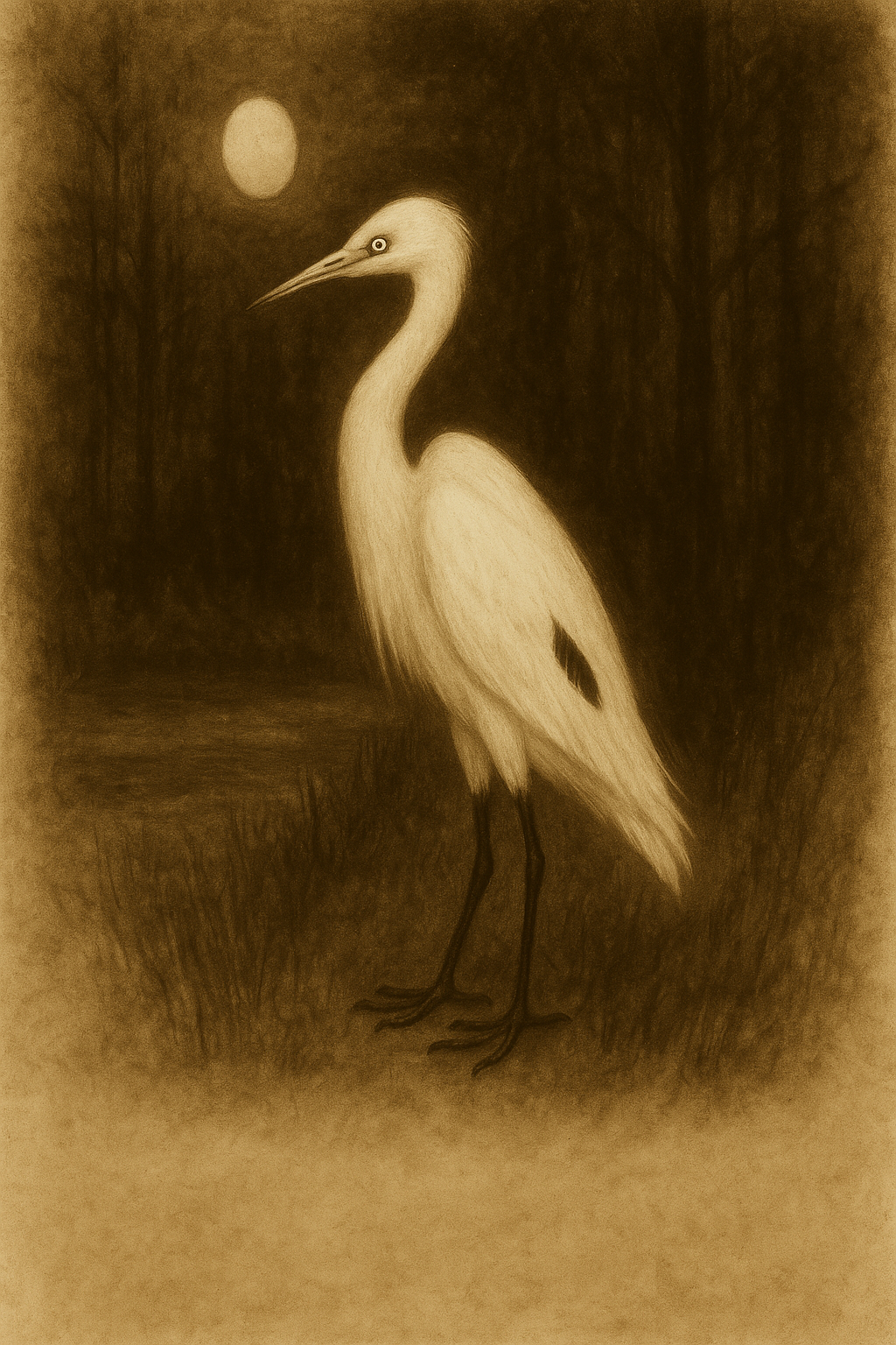 Field-sketch portrait of the Caladrius, a silent white healing bird with one dark feather.