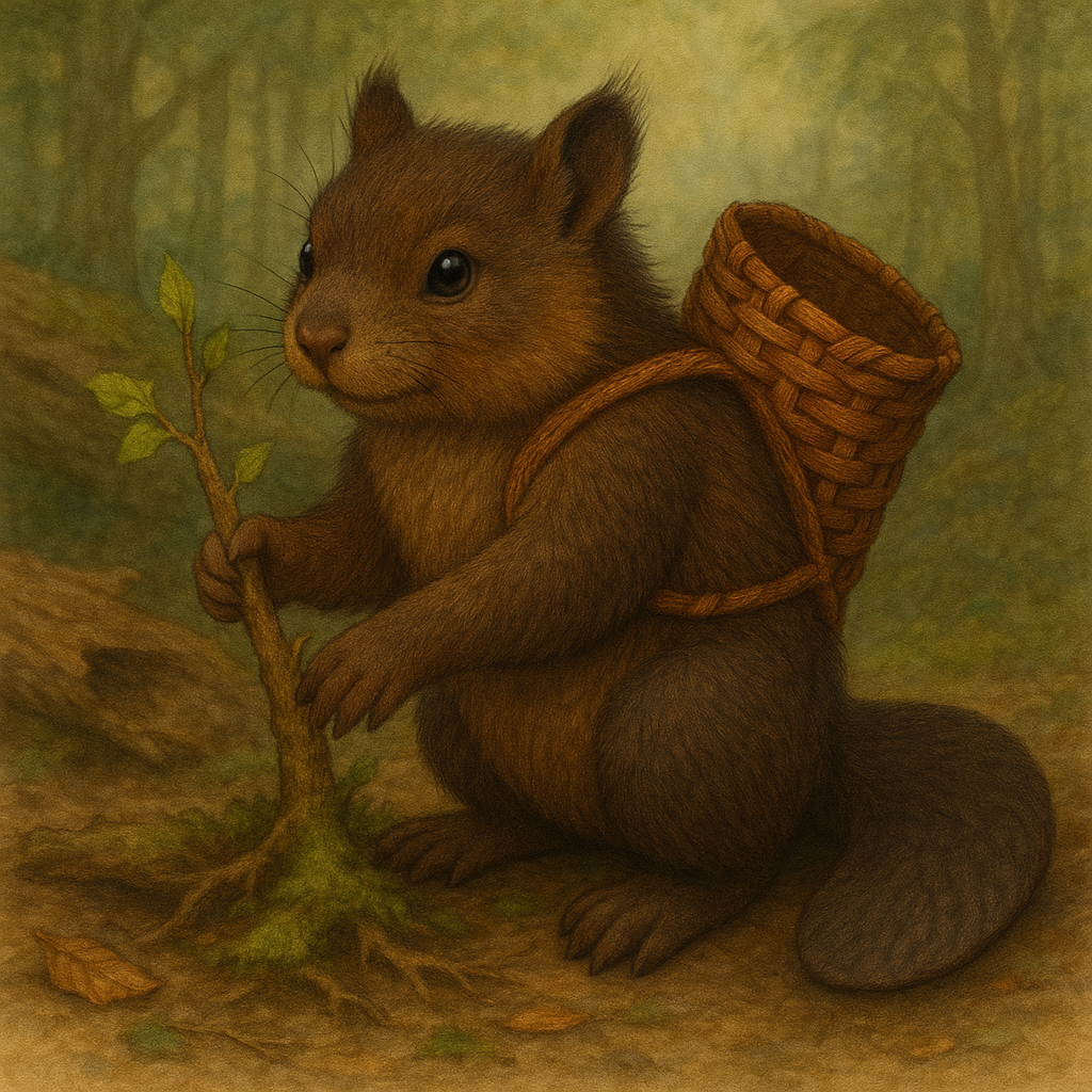 Le Boisnu, the Little Repairman, carrying a woven cedar satchel in a Michigan forest