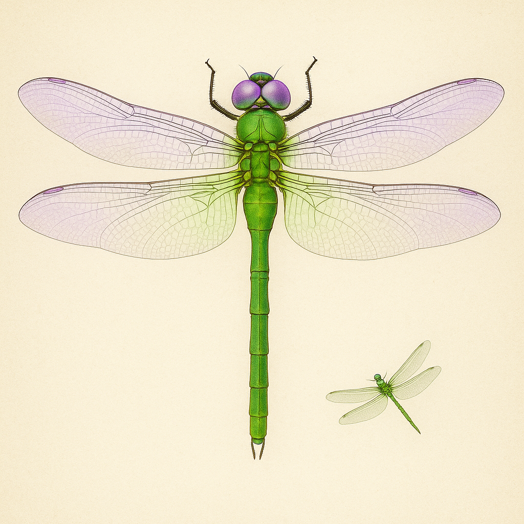 Summer Herald dragonfly with a vivid green body and translucent lavender wings