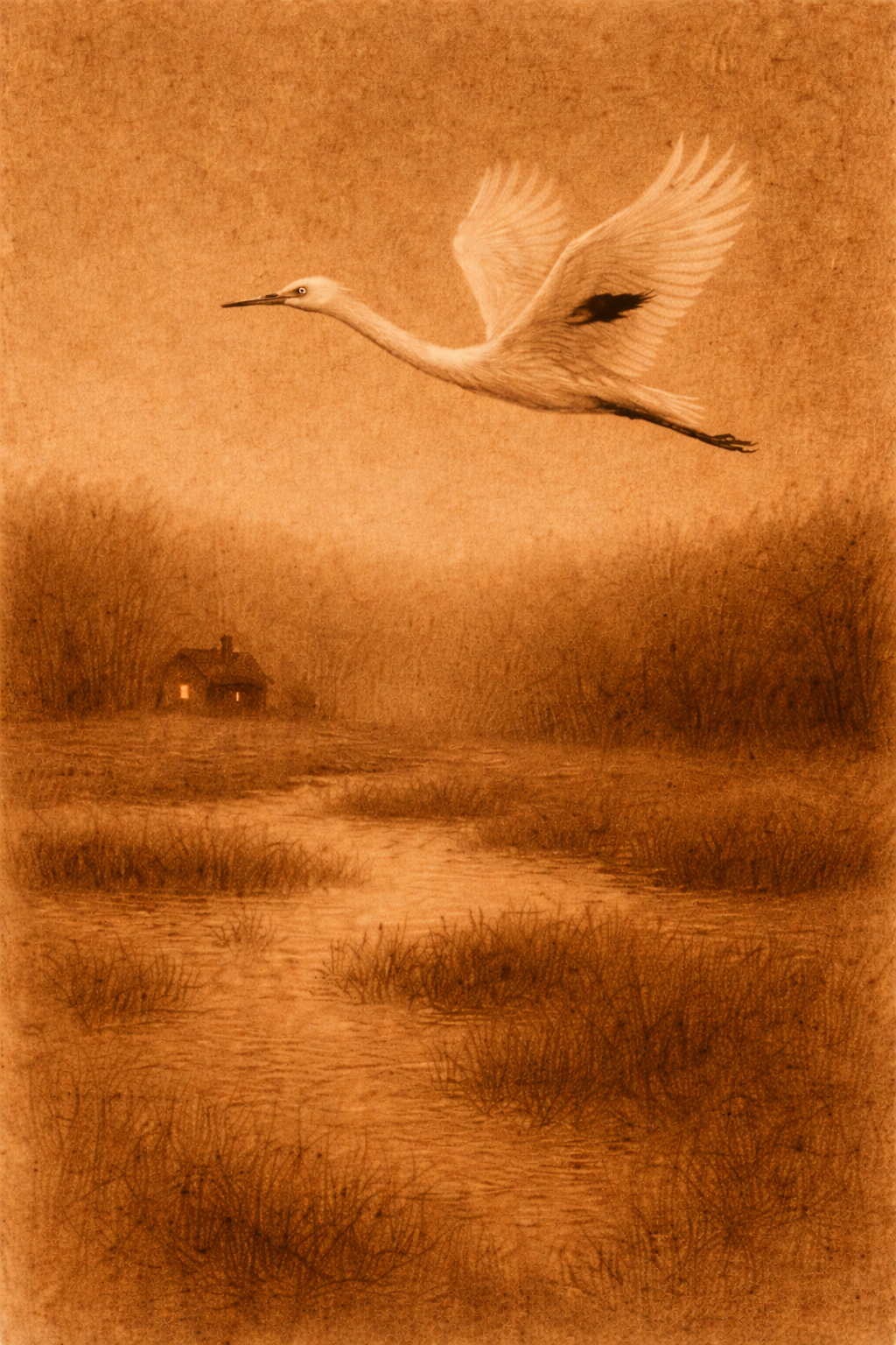 Caladrius flying above an Alpena-area wetland at dawn, depicted in Jacob Kosinski’s 1928 field sketch.