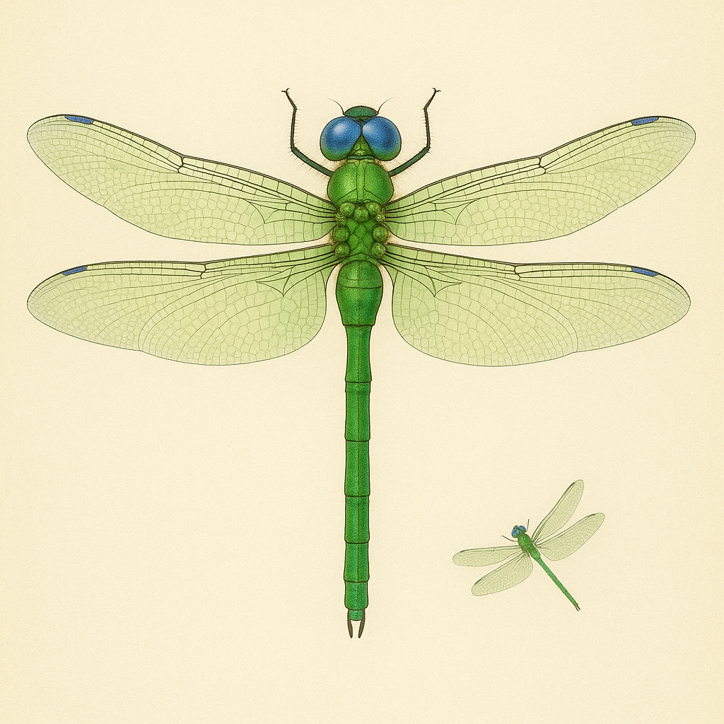 Spring Herald dragonfly with a vivid green body, blue eyes, and pale green wings