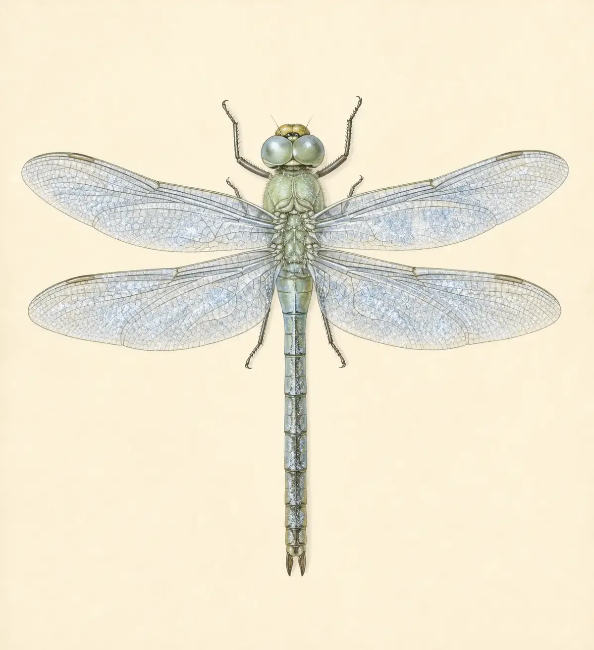 Winter Herald dragonfly in pale green with silver-blue wing shimmer