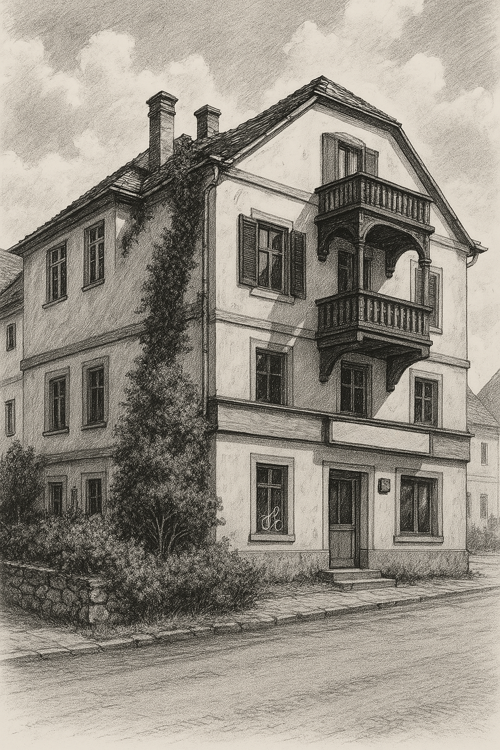 Zeichnung eines dreistöckigen Wohnhauses mit Schindeldach und Balkon, Efeu bewachsen, Fensterläden geöffnet, gelegen an einer gepflasterten Straße.