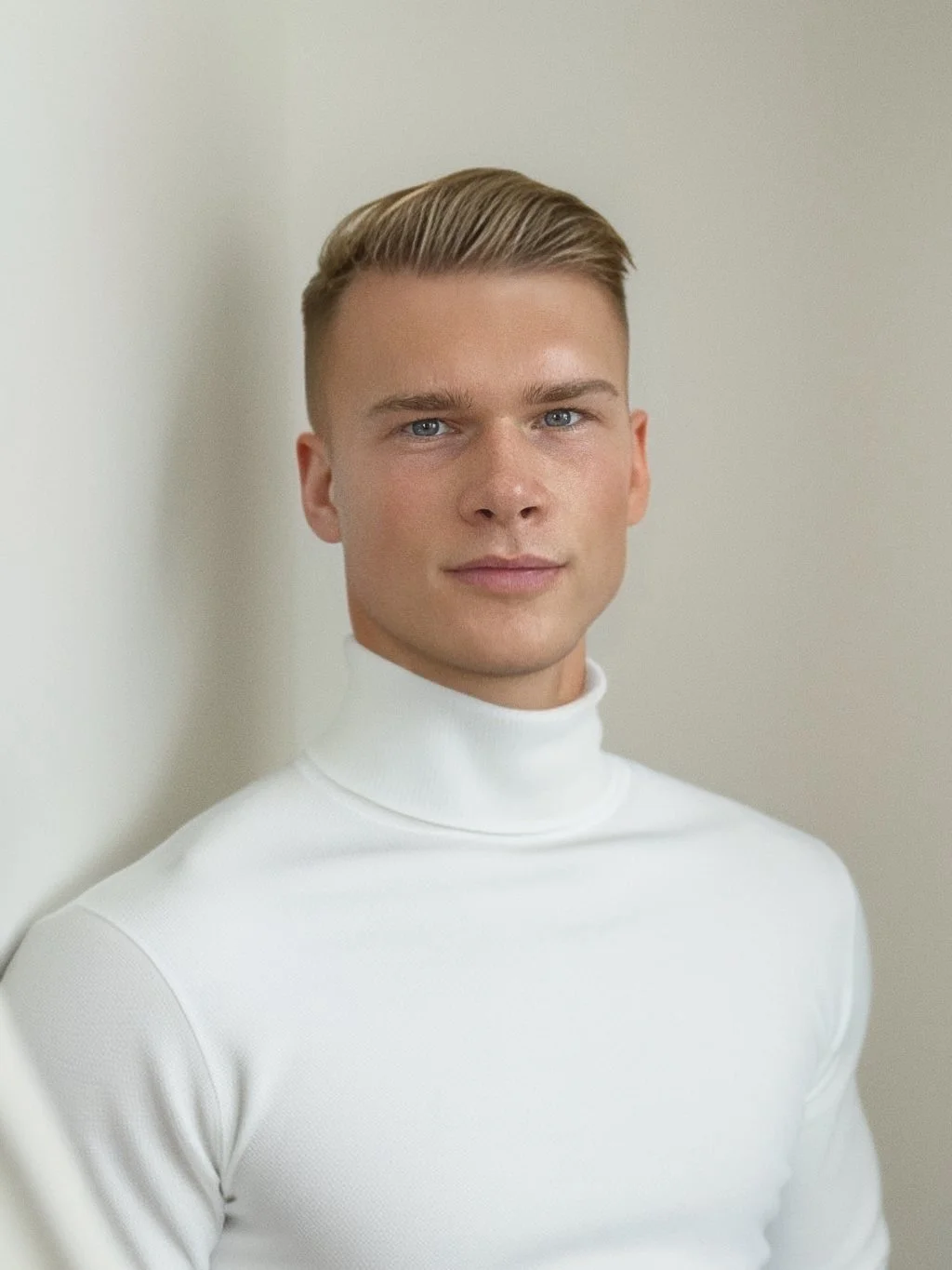 Junger Mann in einem weißen Rollkragenpullover vor einem hellen Hintergrund.