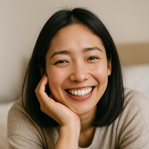 Close-up of a young woman smiling with her hand resting on her cheek.
