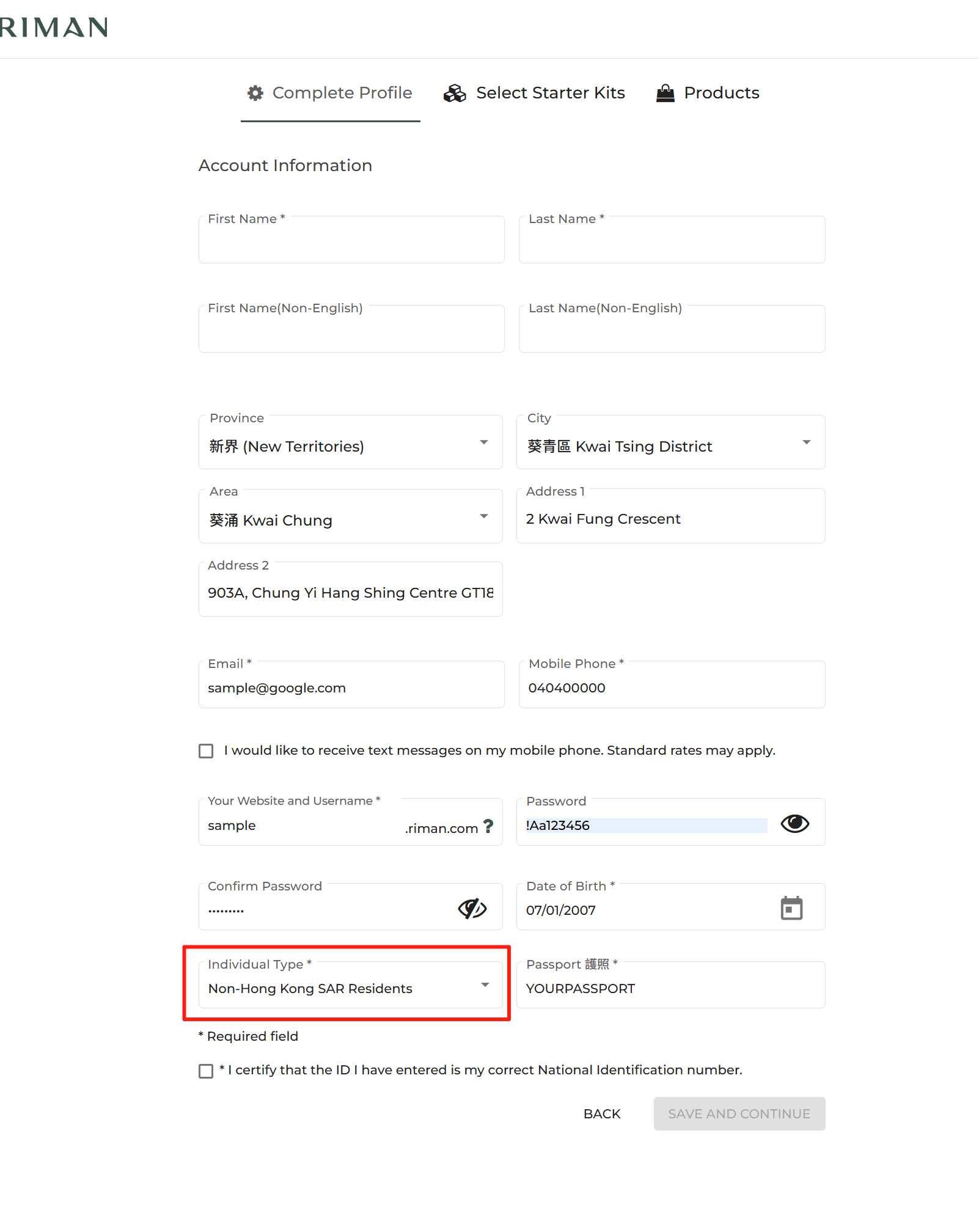 Online form with fields filled in for personal information, address, email, phone, username, password, date of birth, and passport. The form includes a dropdown menu for individual type, selected as Non-Hong Kong SAR Residents.