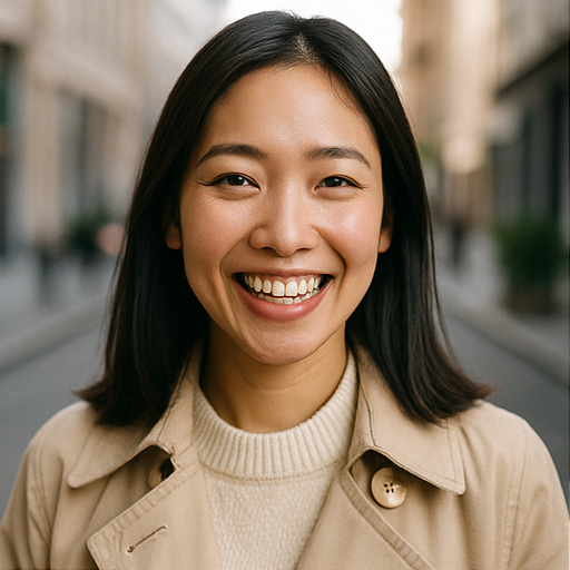 Close-up of a young woman with long black hair, smiling, on a city street in daylight, wearing a beige coat and cream sweater.