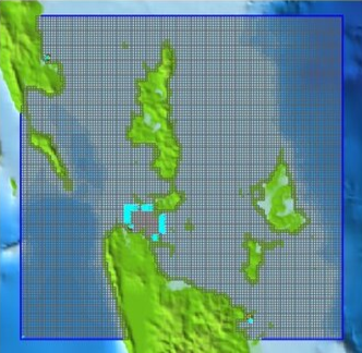 A digital map of islands with green landmasses and blue water, overlaid with a grid and a blue boundary box.
